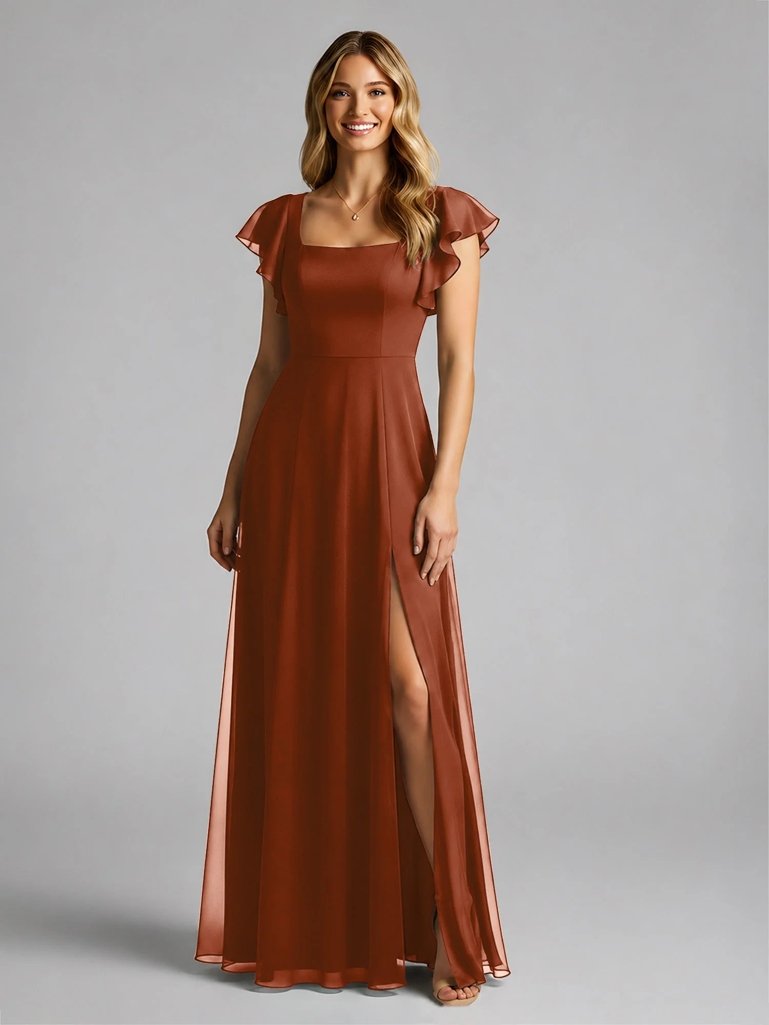 Chiffon Quadratischer Ausschnitt Flatterärmel Kleid mit Schlitz Terrakotta - Image 3