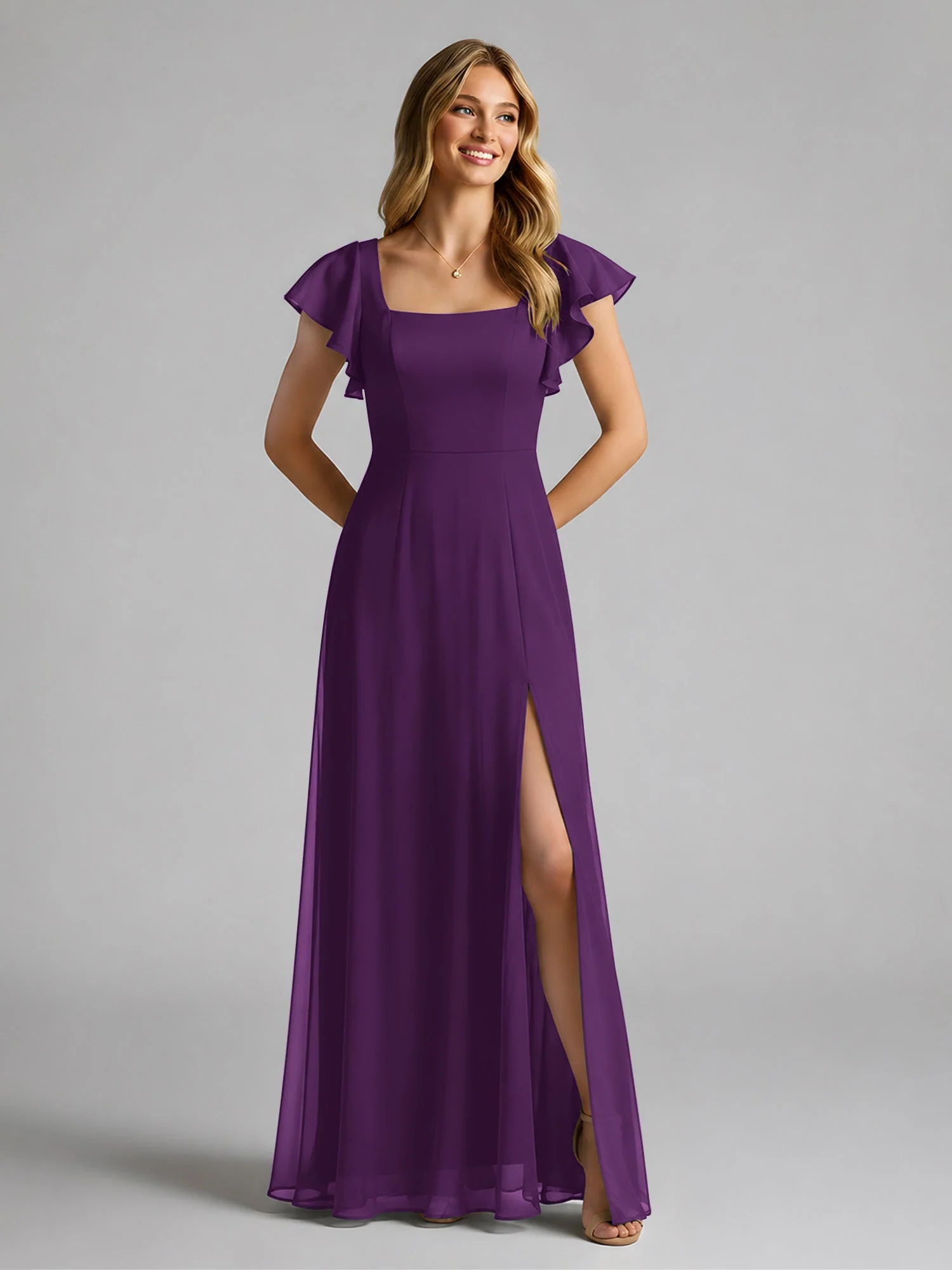 Chiffon Quadratischer Ausschnitt Flatterärmel Kleid mit Schlitz Traube