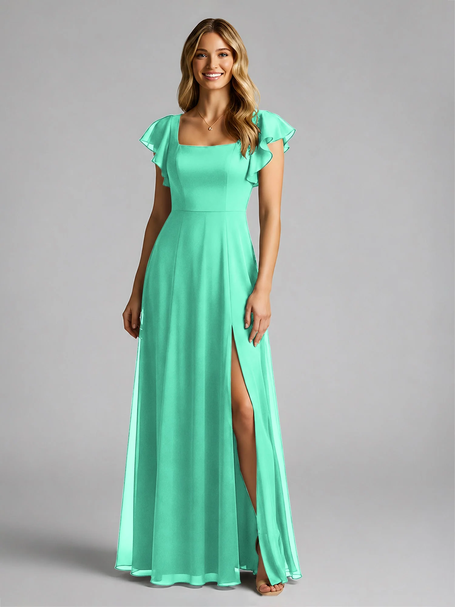 Chiffon Quadratischer Ausschnitt Flatterärmel Kleid mit Schlitz Türkis - Image 3