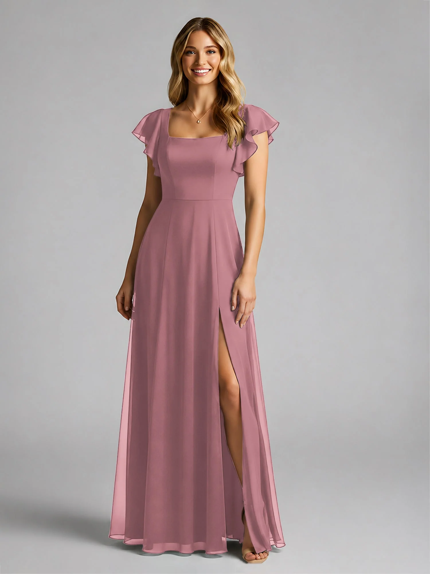 Chiffon Quadratischer Ausschnitt Flatterärmel Kleid mit Schlitz Vintage Mauve - Image 3