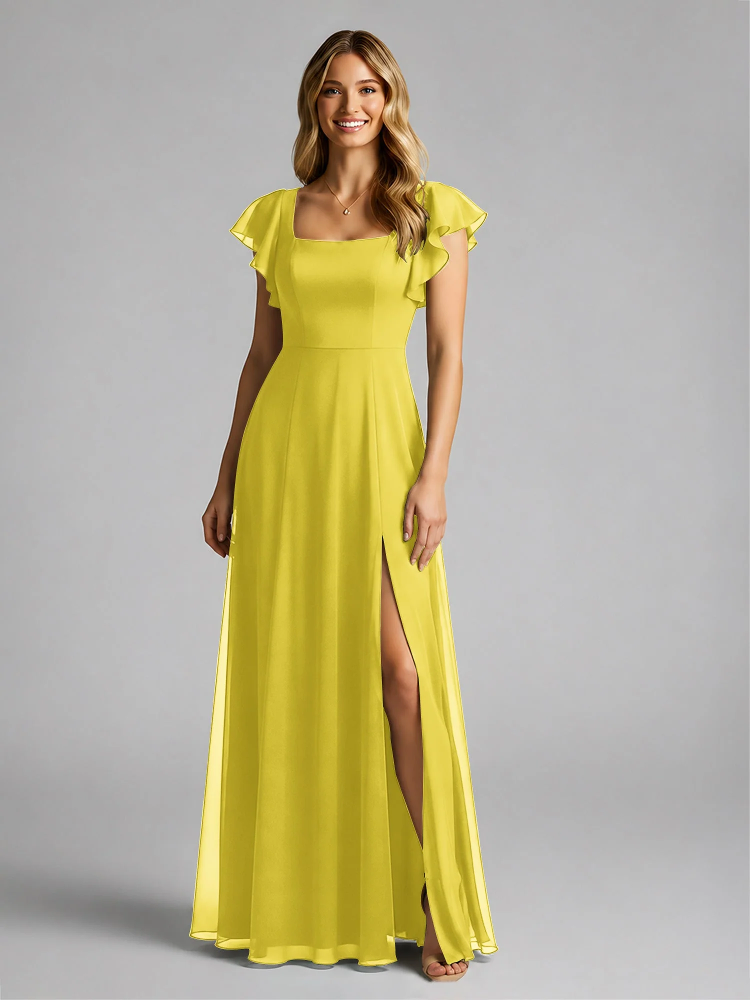 Chiffon Quadratischer Ausschnitt Flatterärmel Kleid mit Schlitz Zitrone - Image 3