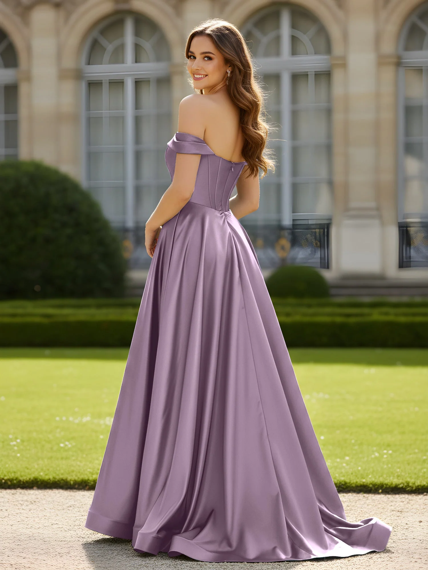 Plissee Schulterfrei A-Linie Satin Kleid mit Schlitz Blauregen - Image 2