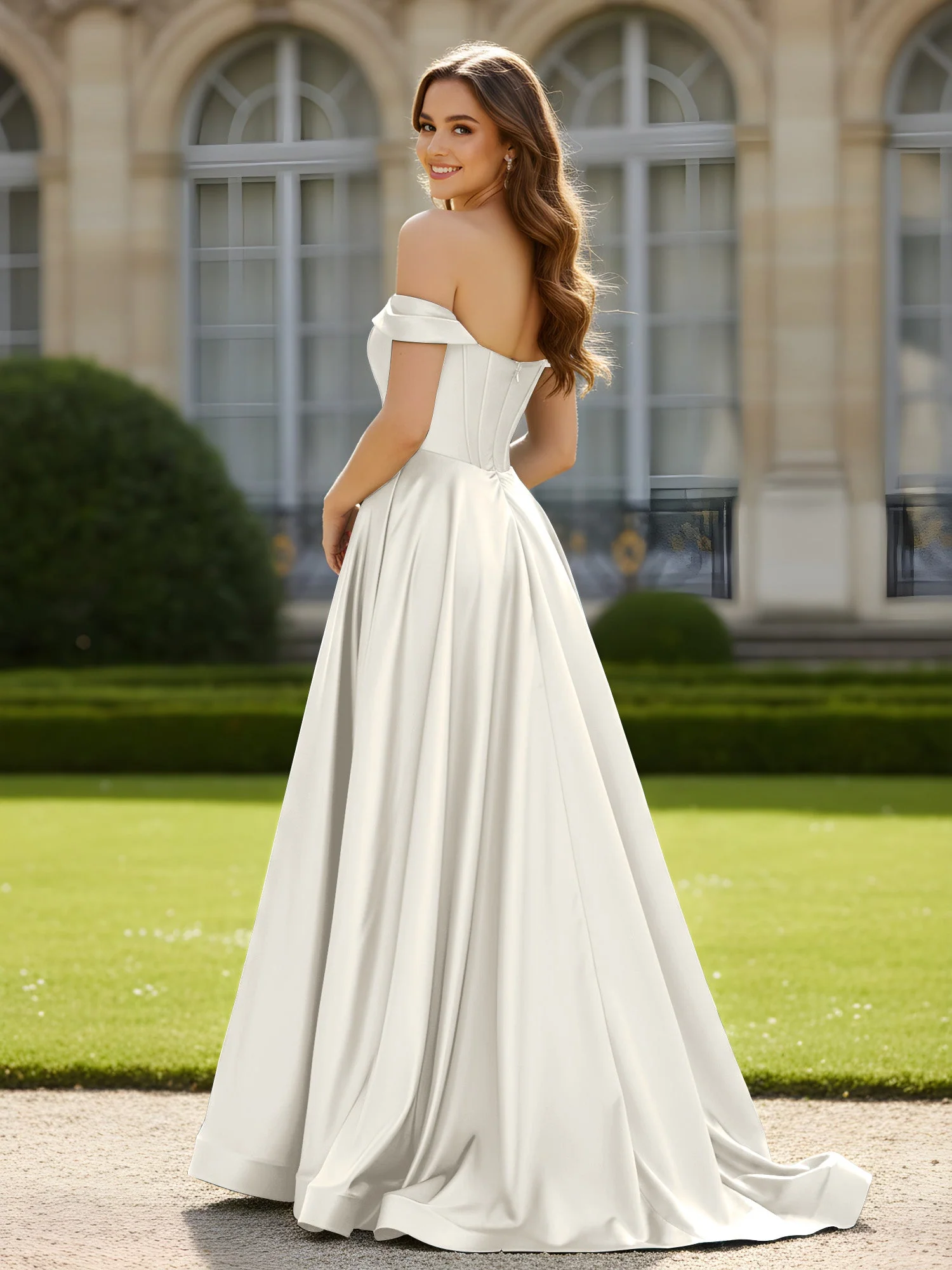Plissee Schulterfrei A-Linie Satin Kleid mit Schlitz Elfenbein - Image 2