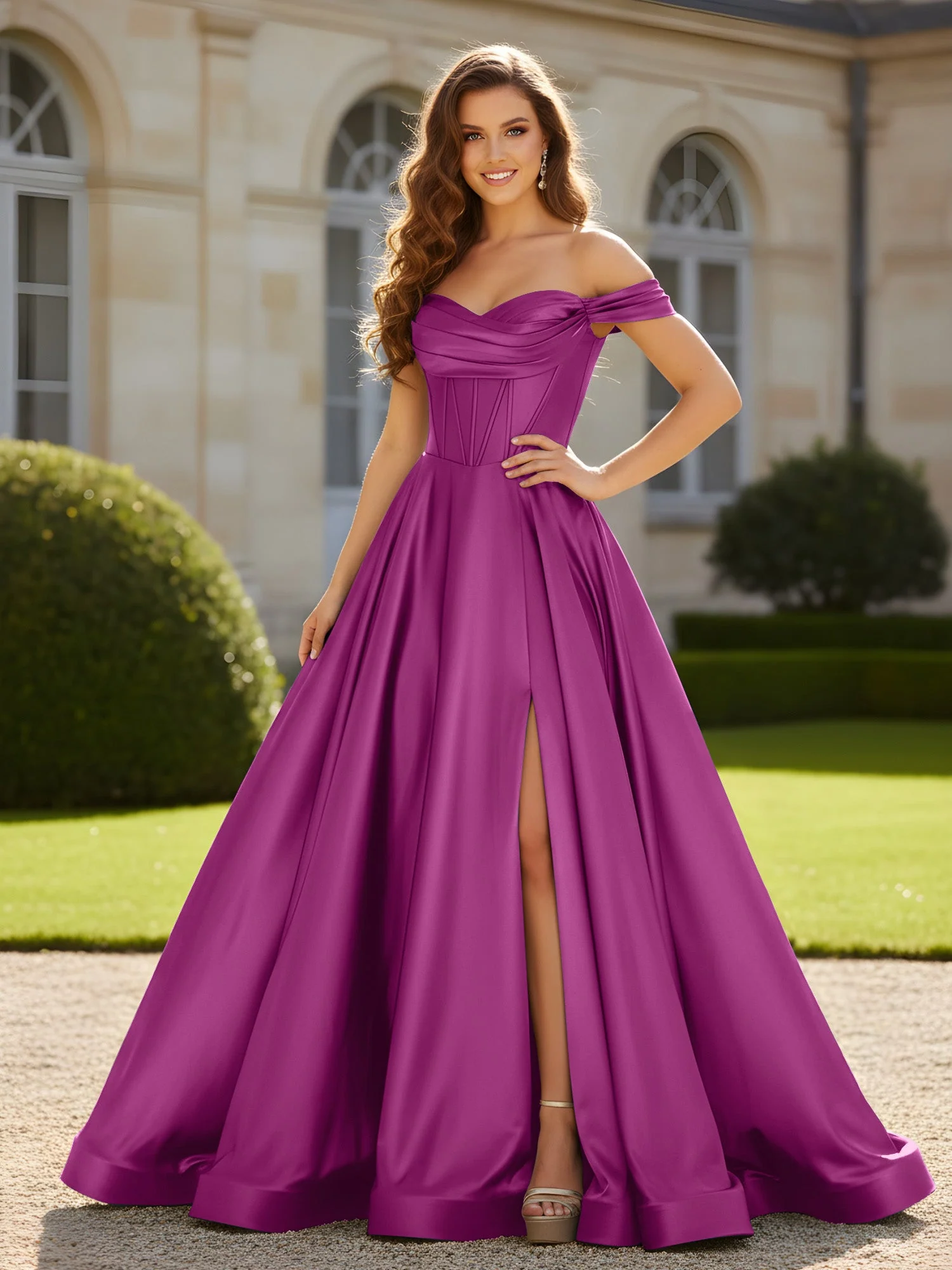 Plissee Schulterfrei A-Linie Satin Kleid mit Schlitz Orchidee