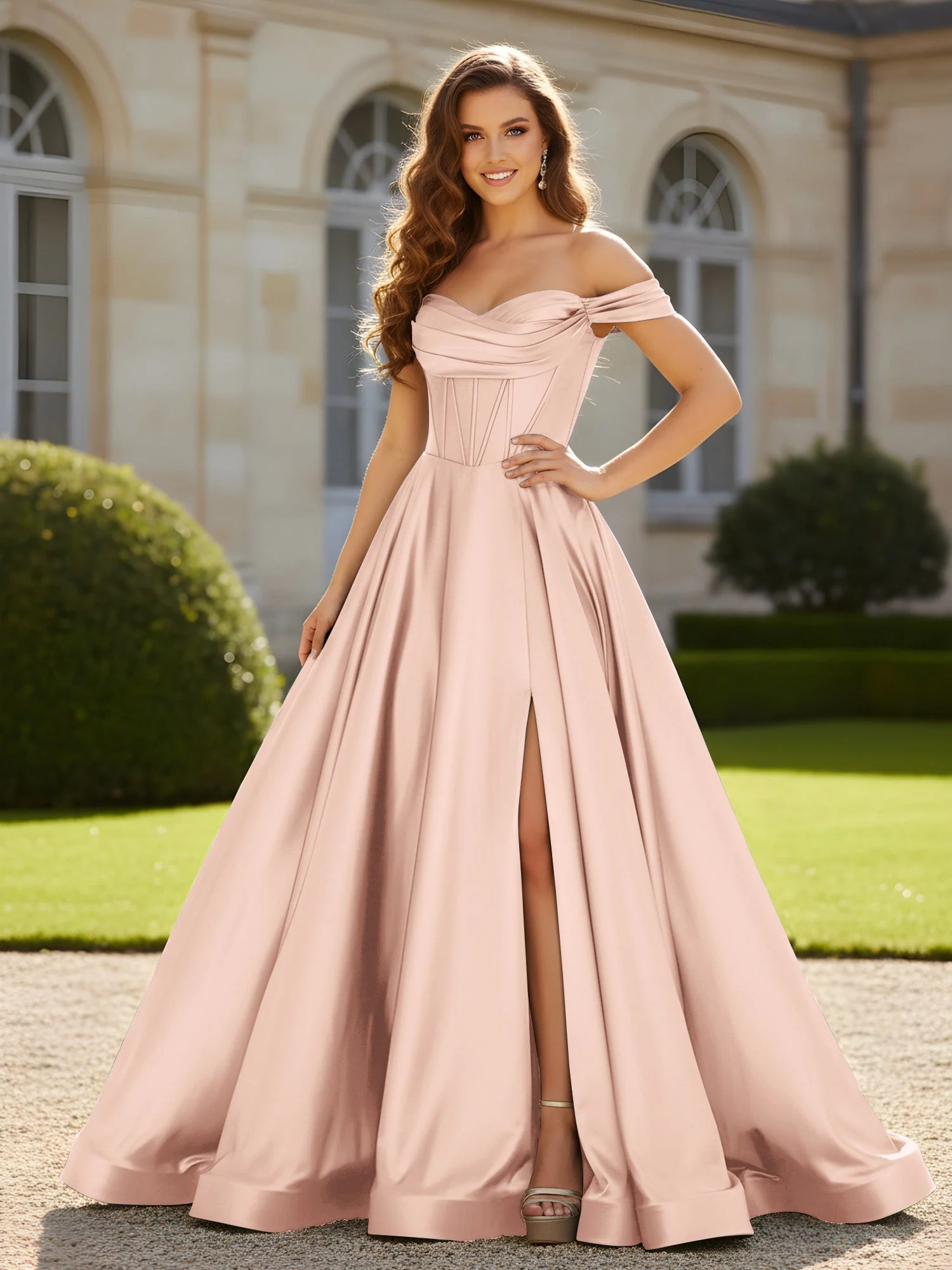Plissee Schulterfrei A-Linie Satin Kleid mit Schlitz Perlrosa