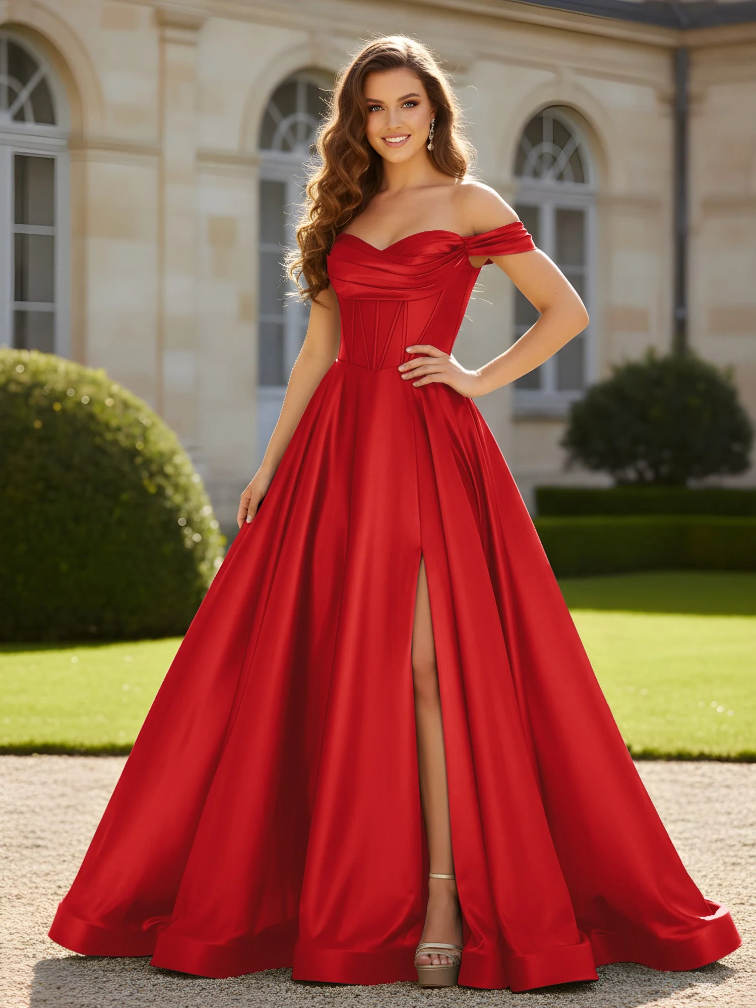 Plissee Schulterfrei A-Linie Satin Kleid mit Schlitz Rot