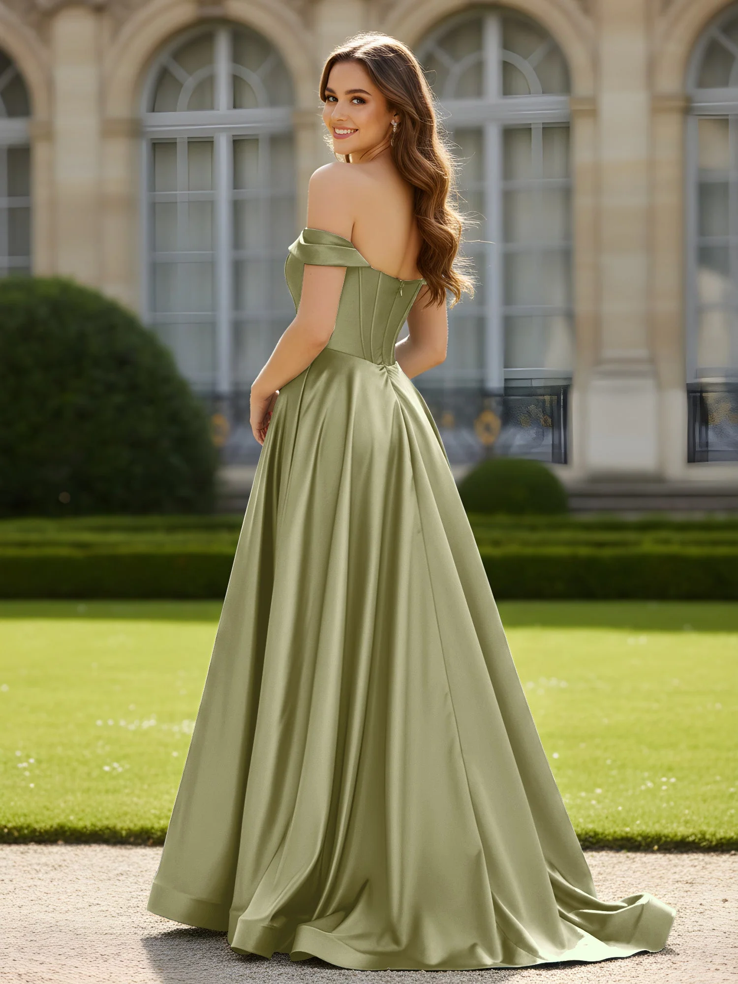 Plissee Schulterfrei A-Linie Satin Kleid mit Schlitz Staubiges Salbei - Image 2
