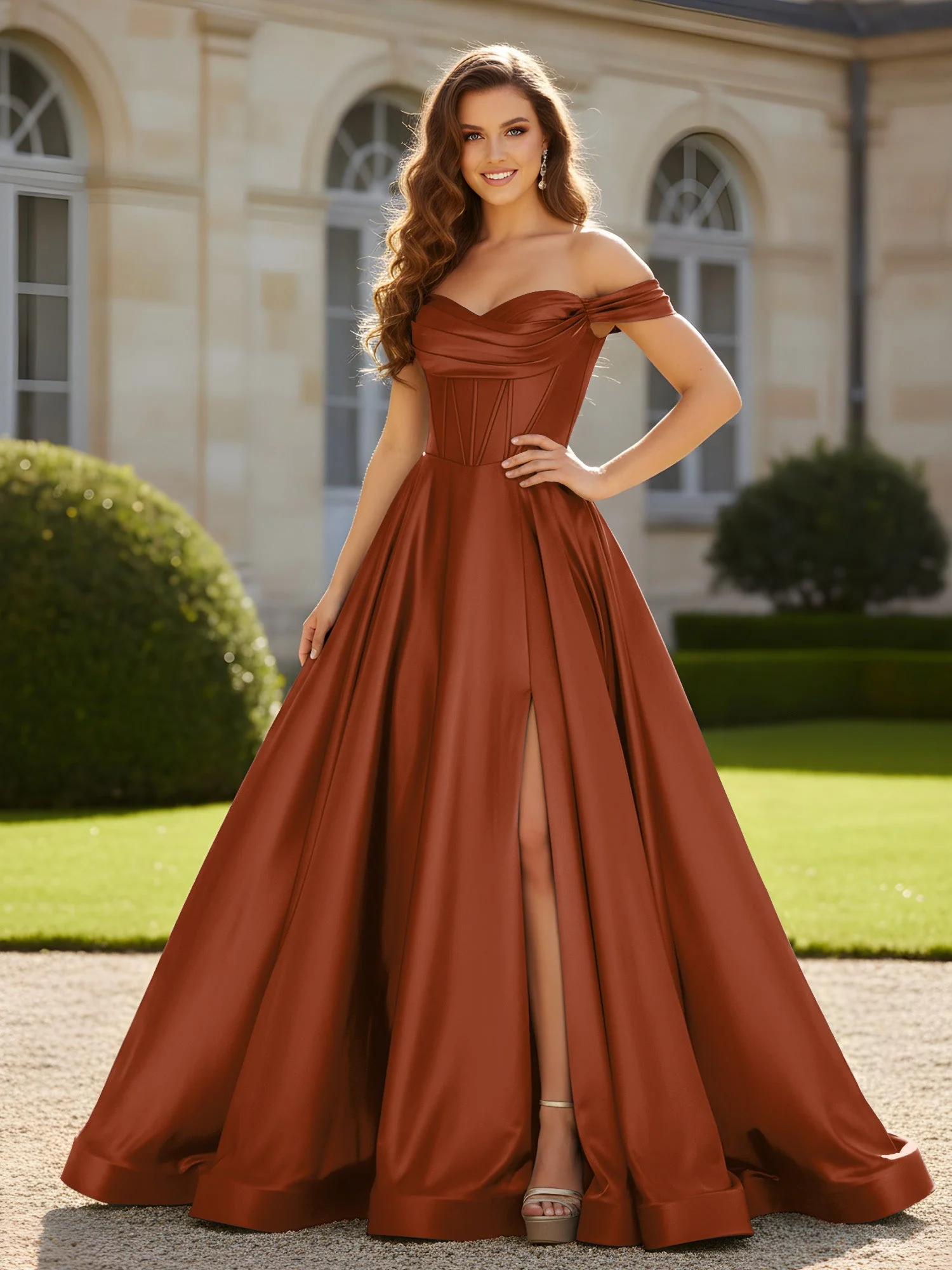 Plissee Schulterfrei A-Linie Satin Kleid mit Schlitz Terrakotta