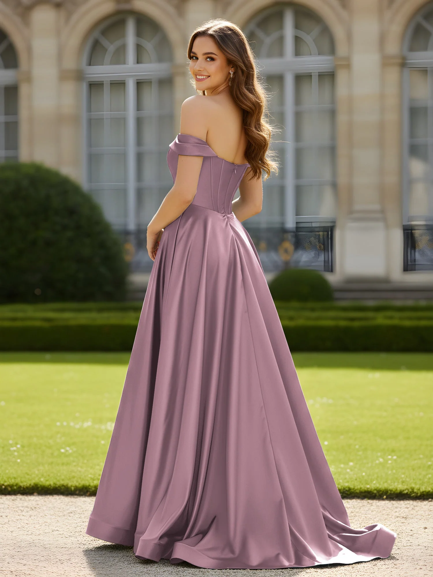 Plissee Schulterfrei A-Linie Satin Kleid mit Schlitz Vintage Mauve - Image 2