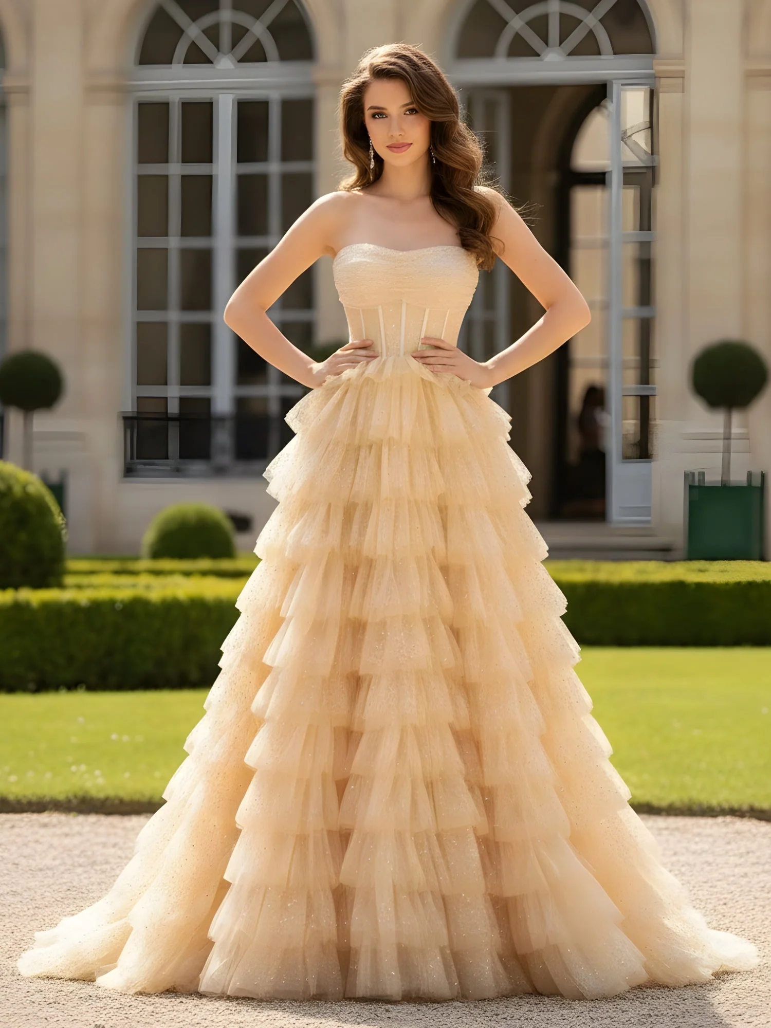 Herzform Ausschnitt Pailletten Ballkleid Stufen Tüll Kleid Champagner