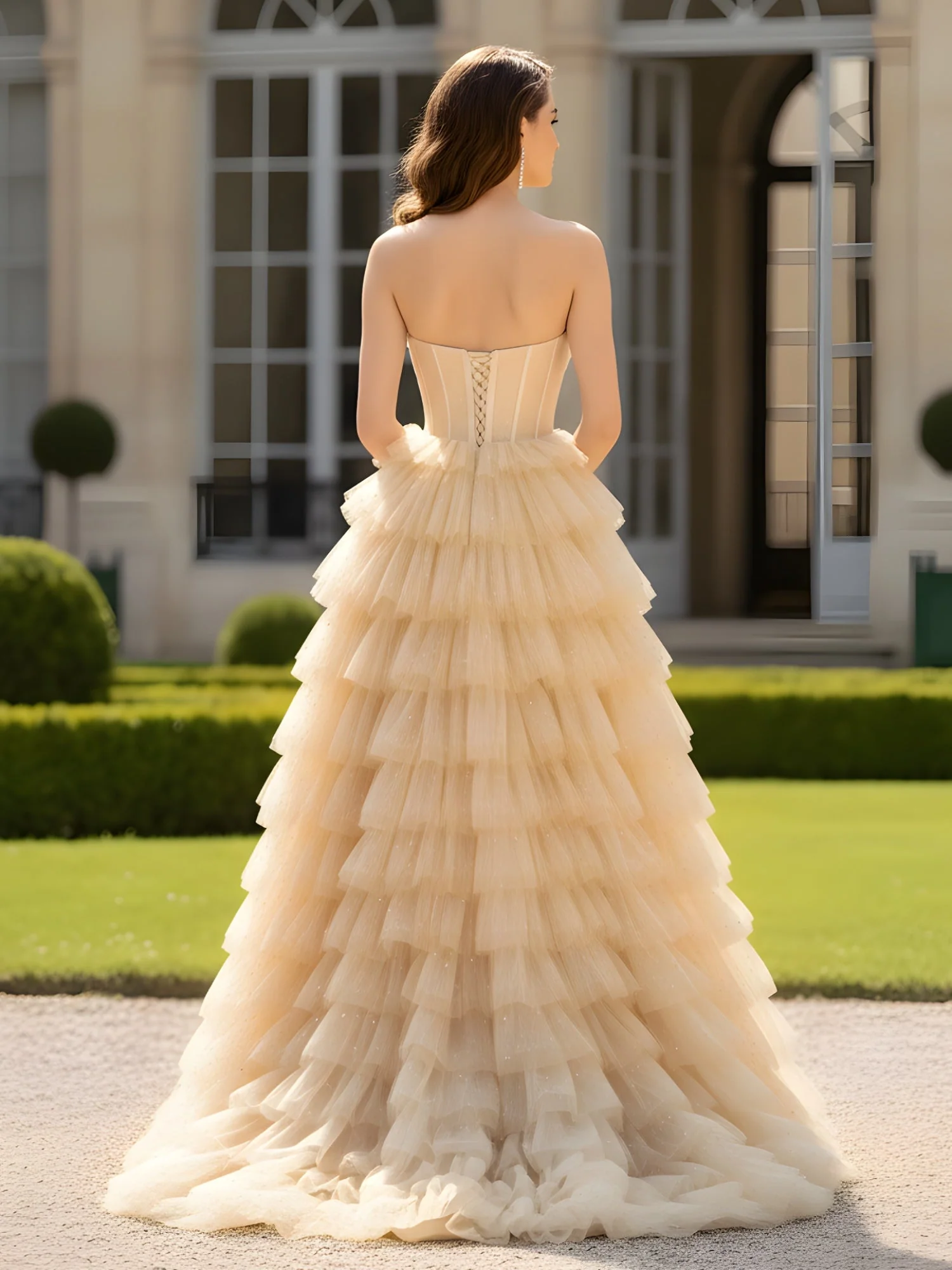 Herzform Ausschnitt Pailletten Ballkleid Stufen Tüll Kleid Champagner - Image 2