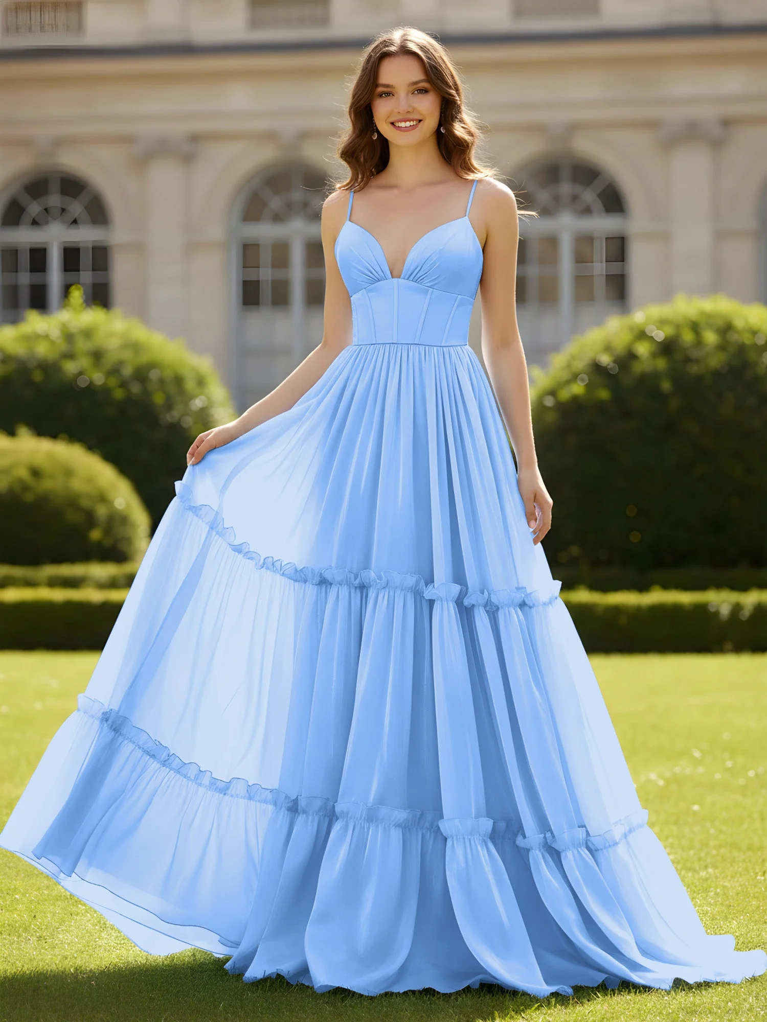 A-Linie Spaghettiträger V-Ausschnitt Stufen Kleid Blau