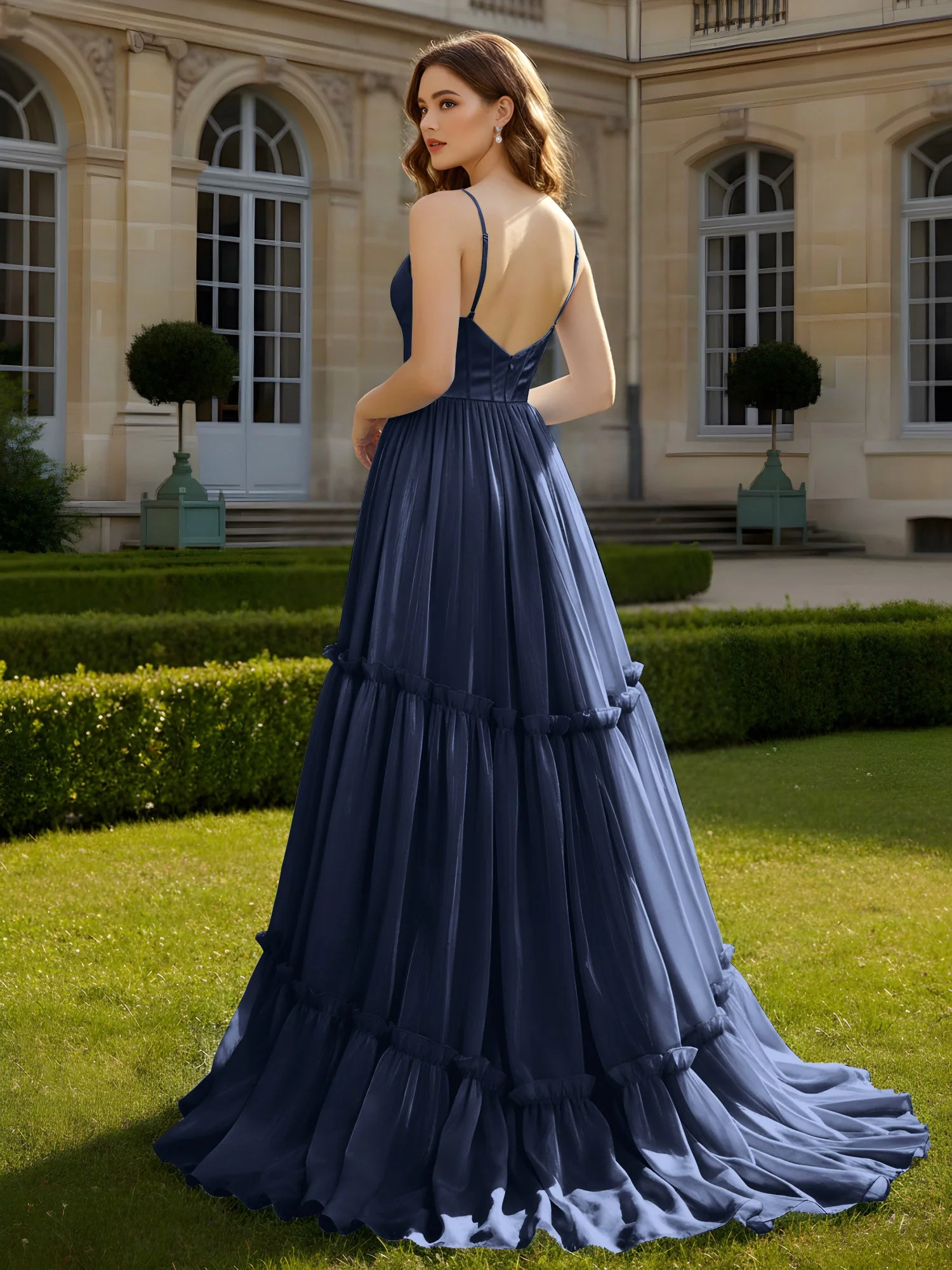 A-Linie Spaghettiträger V-Ausschnitt Stufen Kleid Dunkelmarine - Image 2