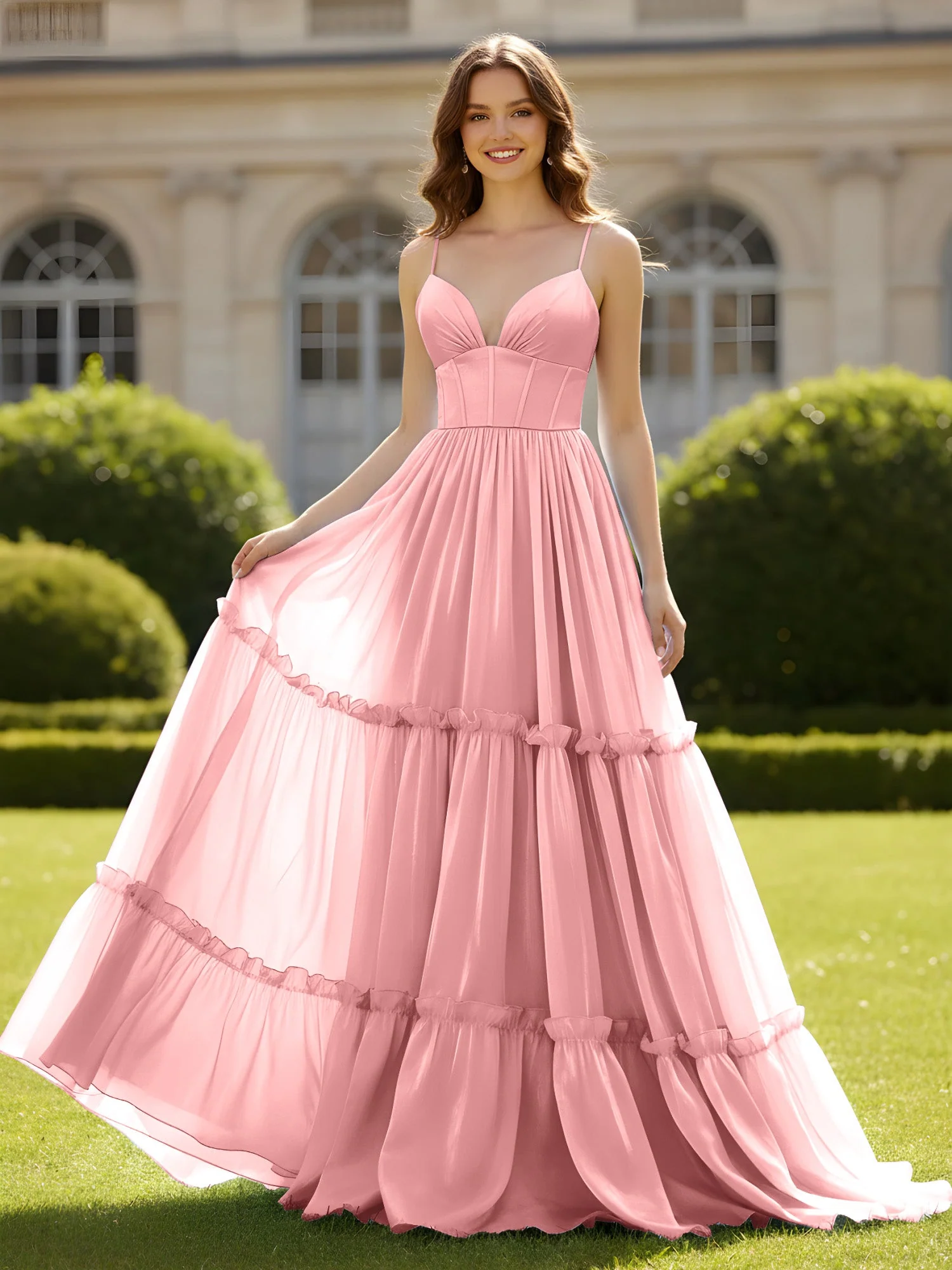 A-Linie Spaghettiträger V-Ausschnitt Stufen Kleid Flamingo