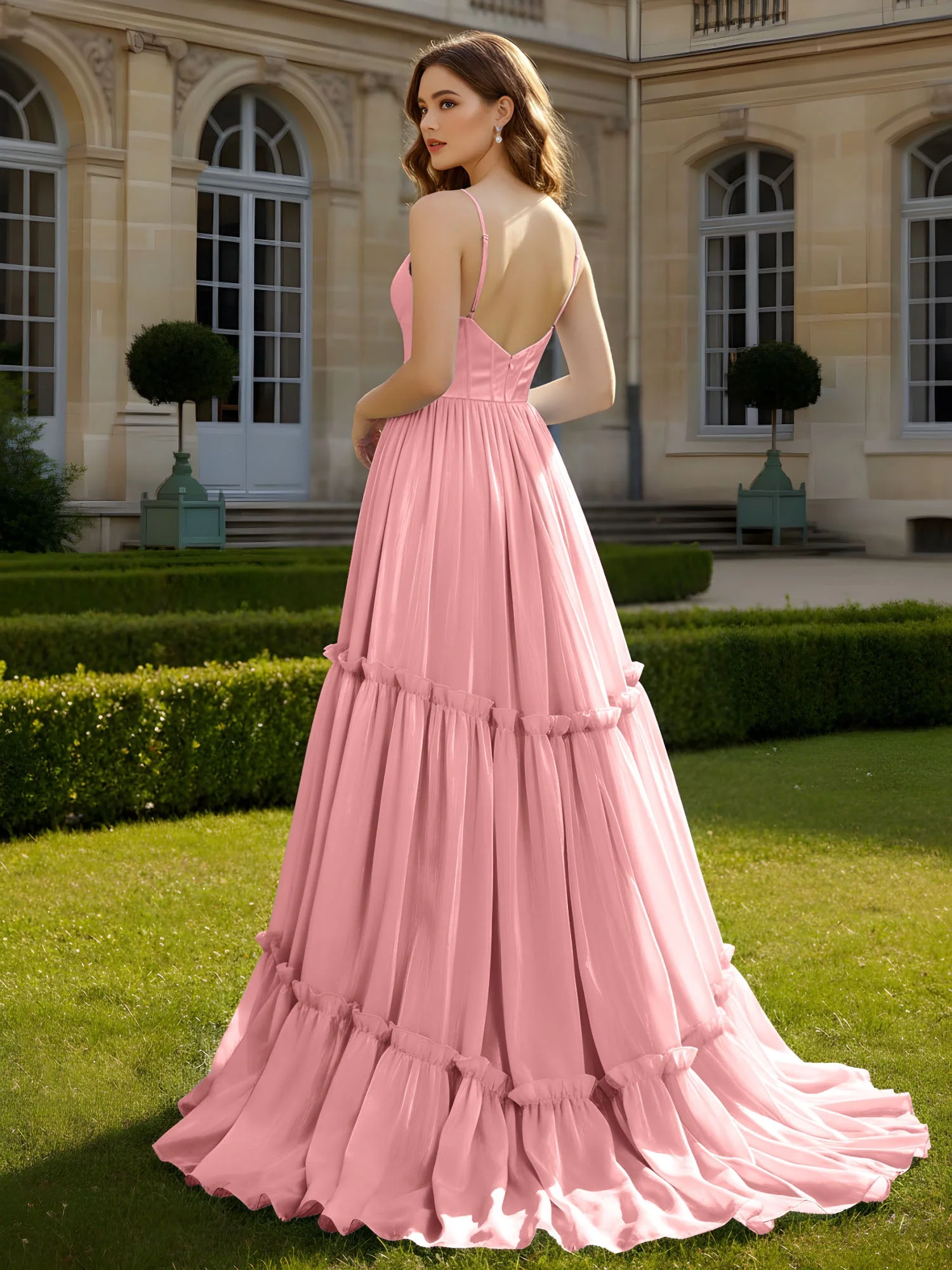 A-Linie Spaghettiträger V-Ausschnitt Stufen Kleid Flamingo - Image 2