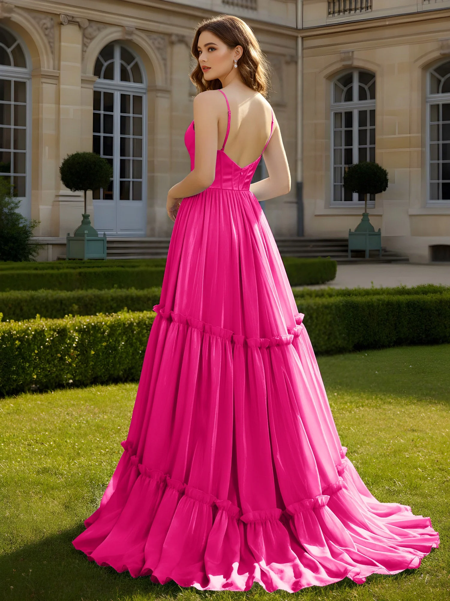 A-Linie Spaghettiträger V-Ausschnitt Stufen Kleid Fuchsia - Image 2