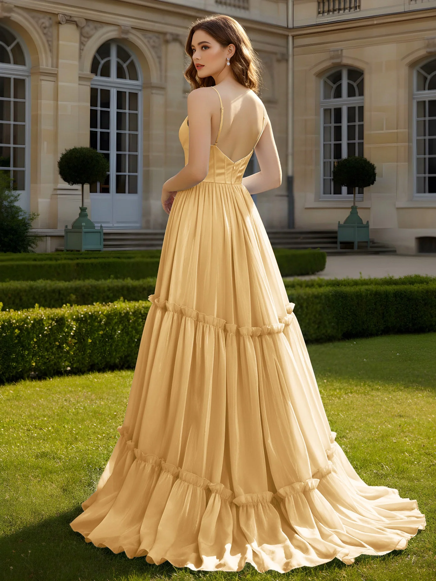 A-Linie Spaghettiträger V-Ausschnitt Stufen Kleid Gold - Image 2
