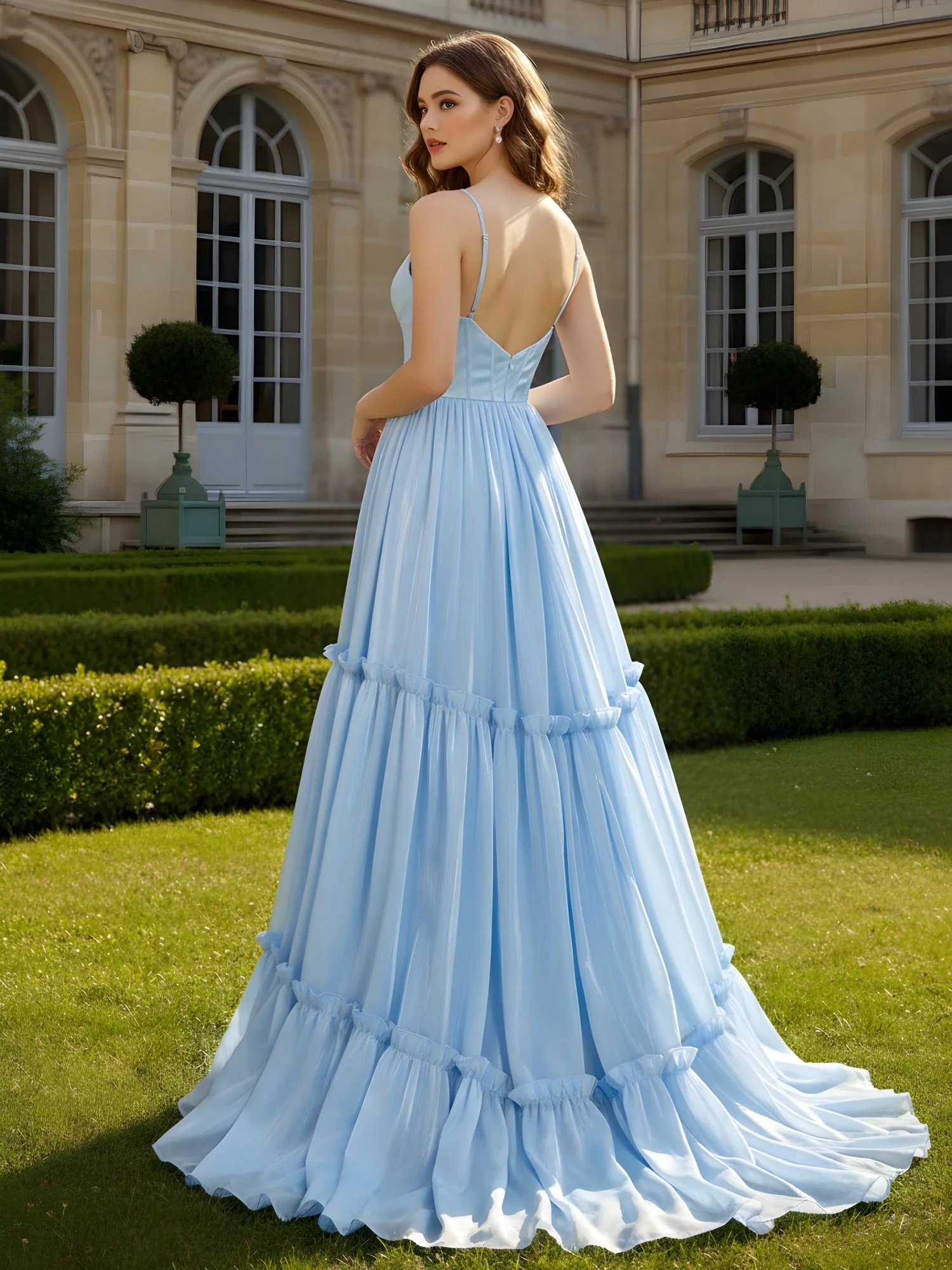 A-Linie Spaghettiträger V-Ausschnitt Stufen Kleid Himmelblau - Image 2