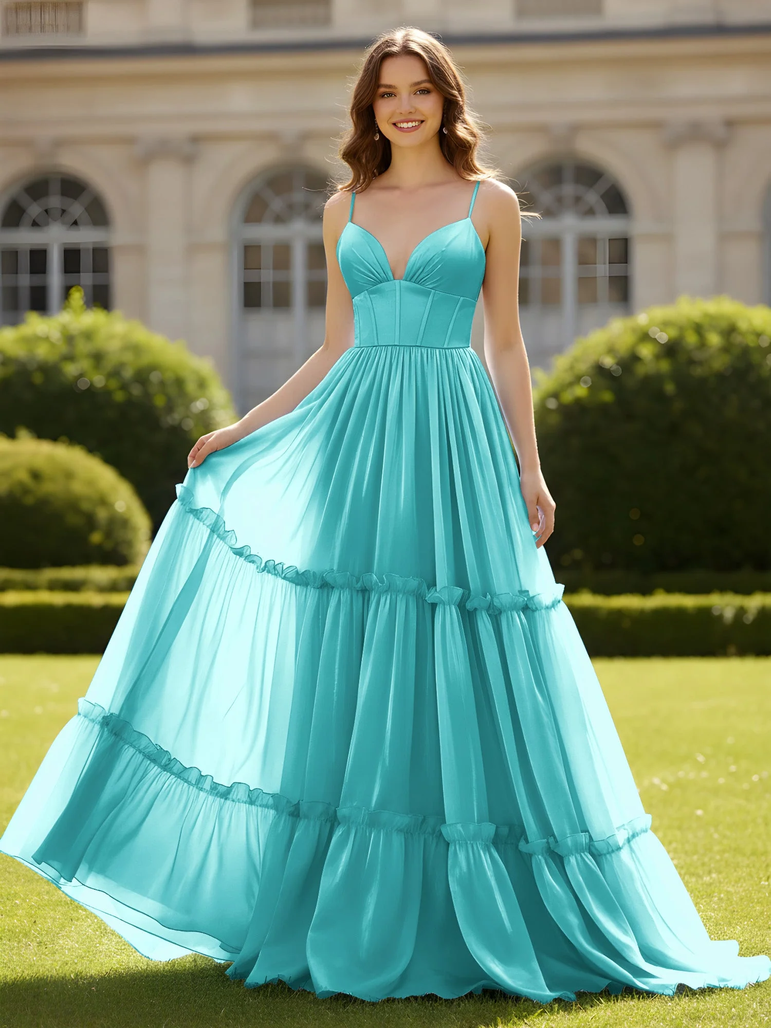 A-Linie Spaghettiträger V-Ausschnitt Stufen Kleid Jade