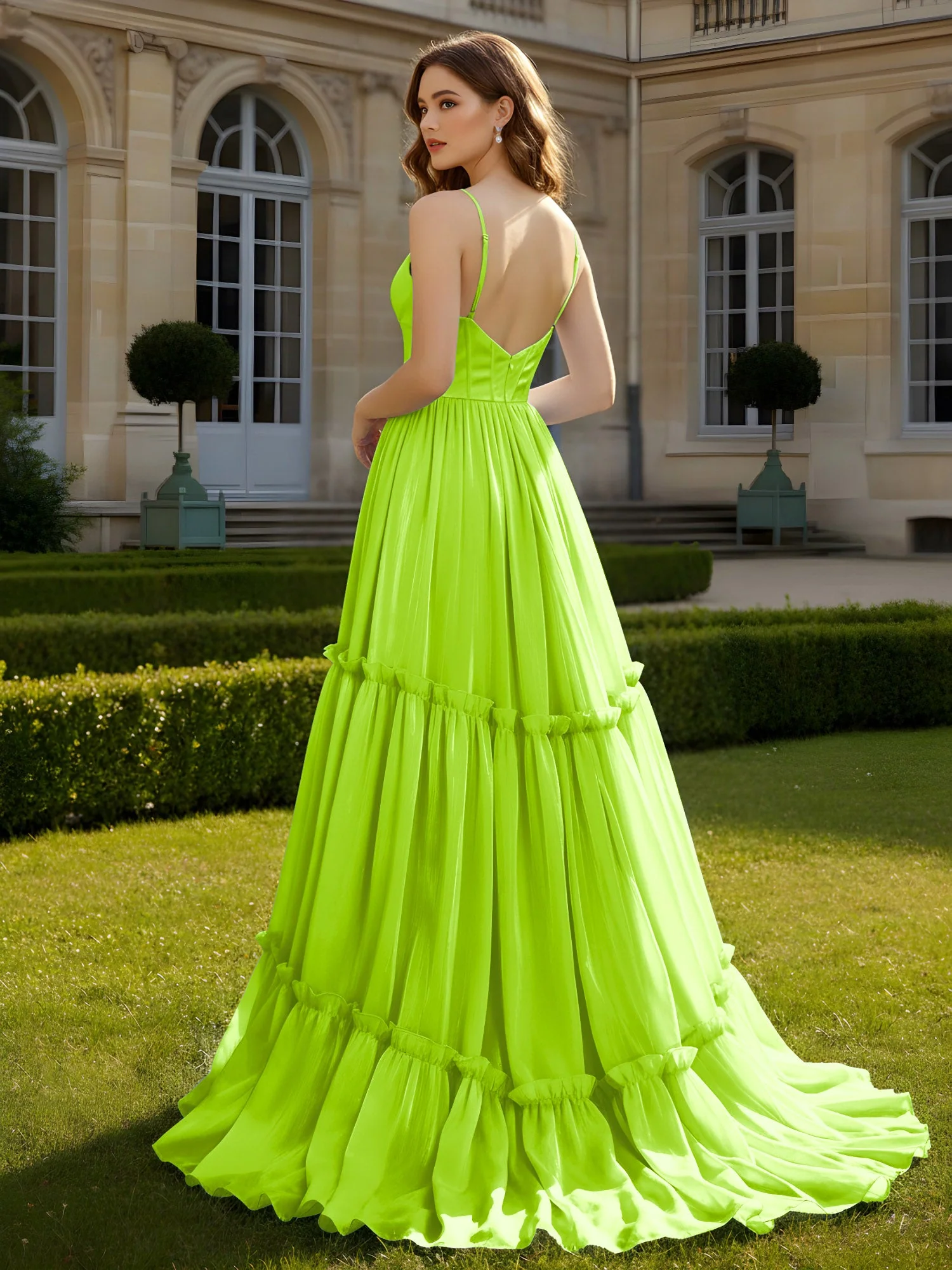 A-Linie Spaghettiträger V-Ausschnitt Stufen Kleid Lindgrün - Image 2
