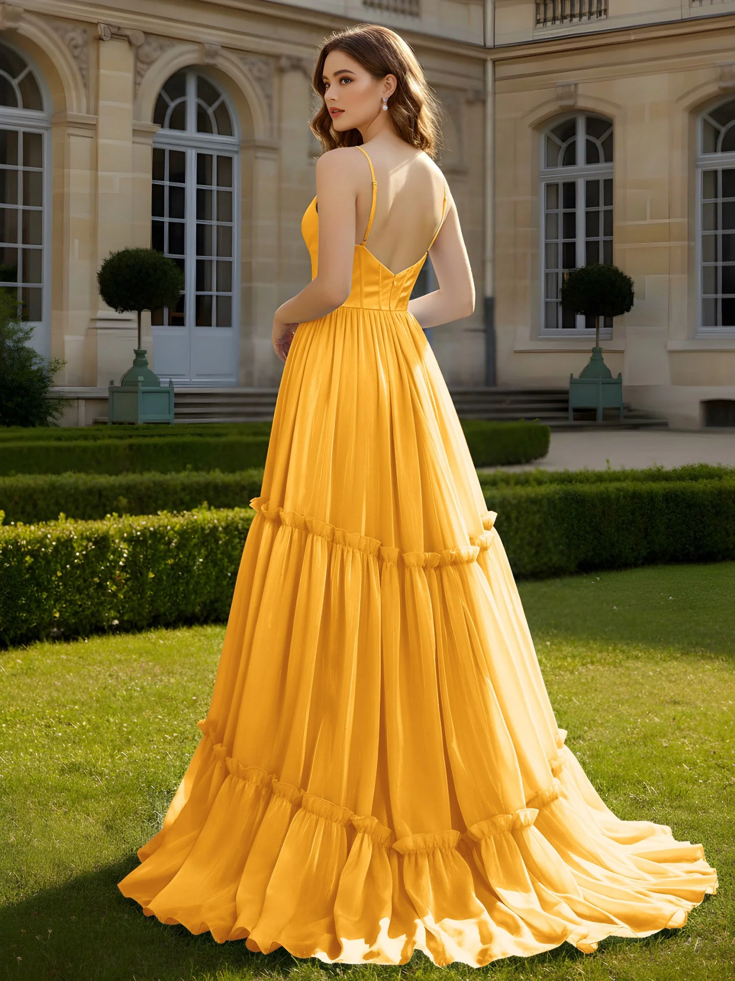 A-Linie Spaghettiträger V-Ausschnitt Stufen Kleid Mandarine - Image 2