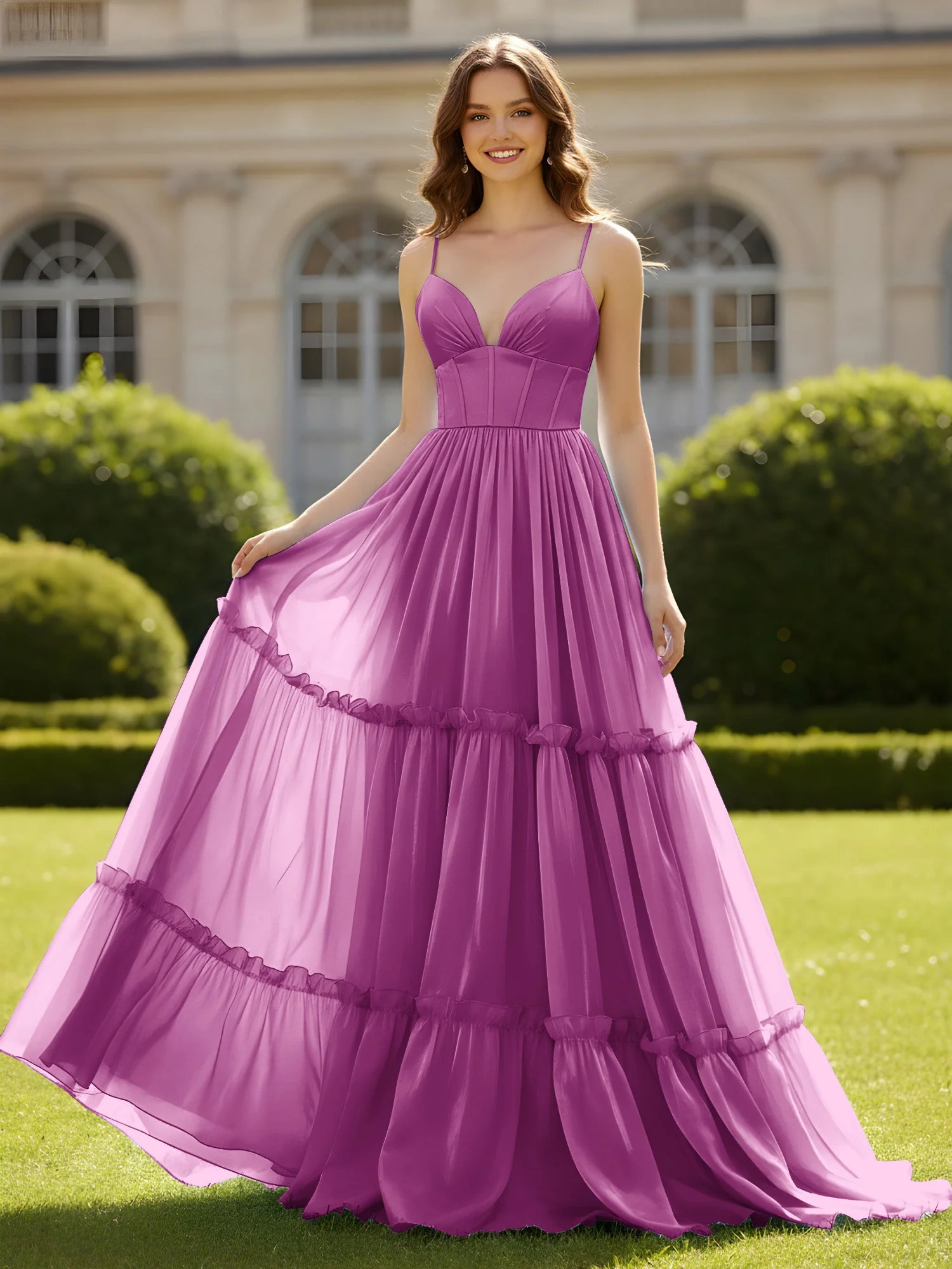 A-Linie Spaghettiträger V-Ausschnitt Stufen Kleid Orchidee