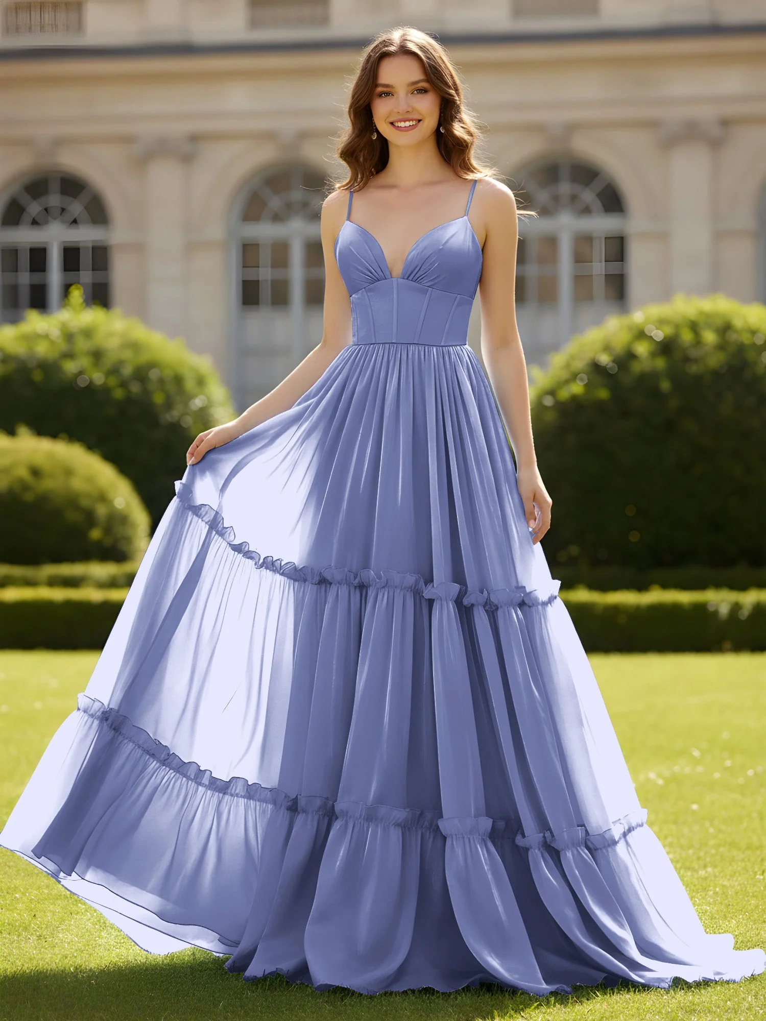 A-Linie Spaghettiträger V-Ausschnitt Stufen Kleid Periwinkleblau