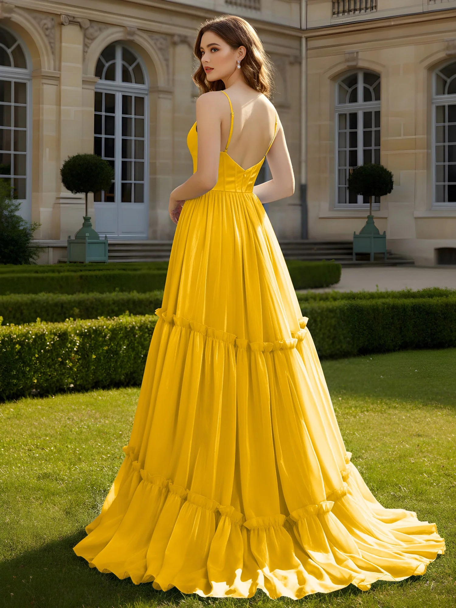 A-Linie Spaghettiträger V-Ausschnitt Stufen Kleid Ringelblume - Image 2