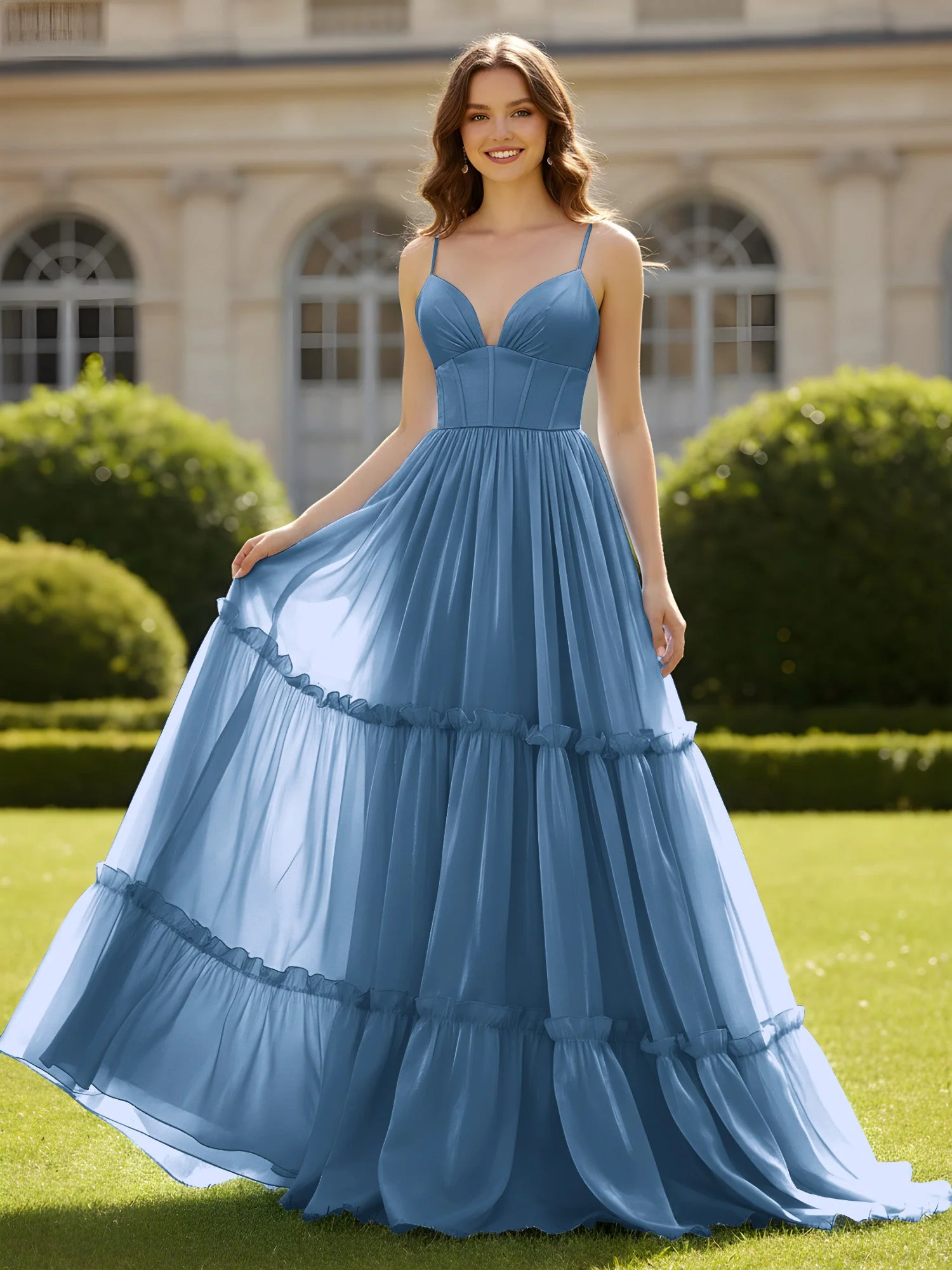 A-Linie Spaghettiträger V-Ausschnitt Stufen Kleid Schiefer Blau