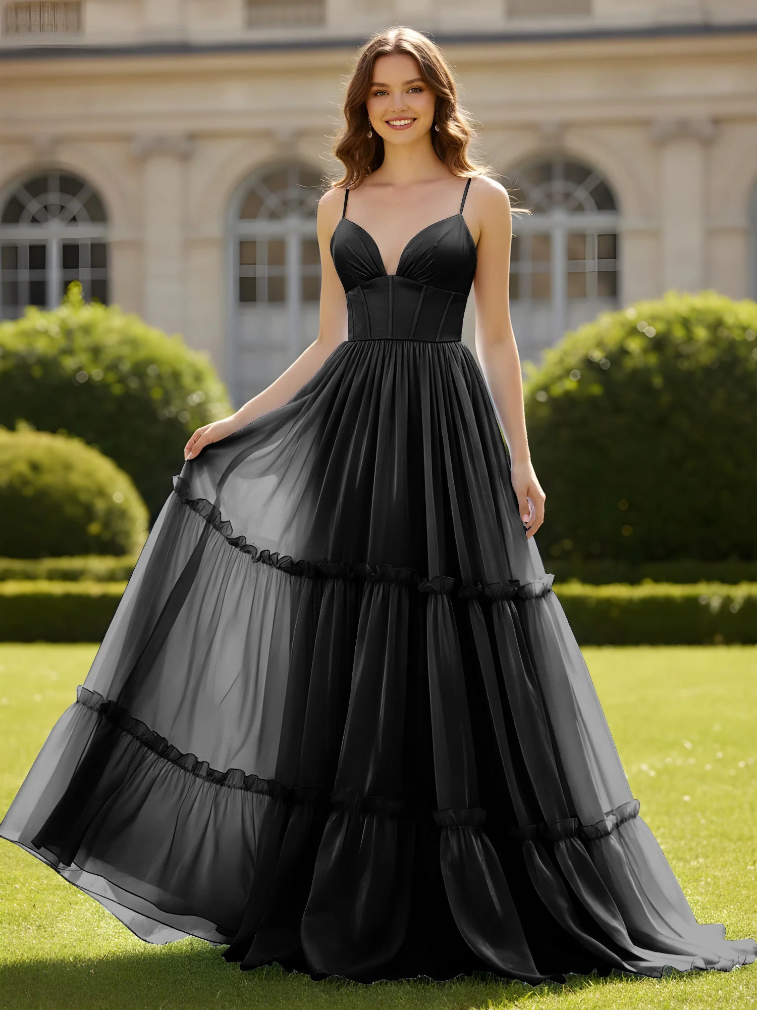 A-Linie Spaghettiträger V-Ausschnitt Stufen Kleid Schwarz