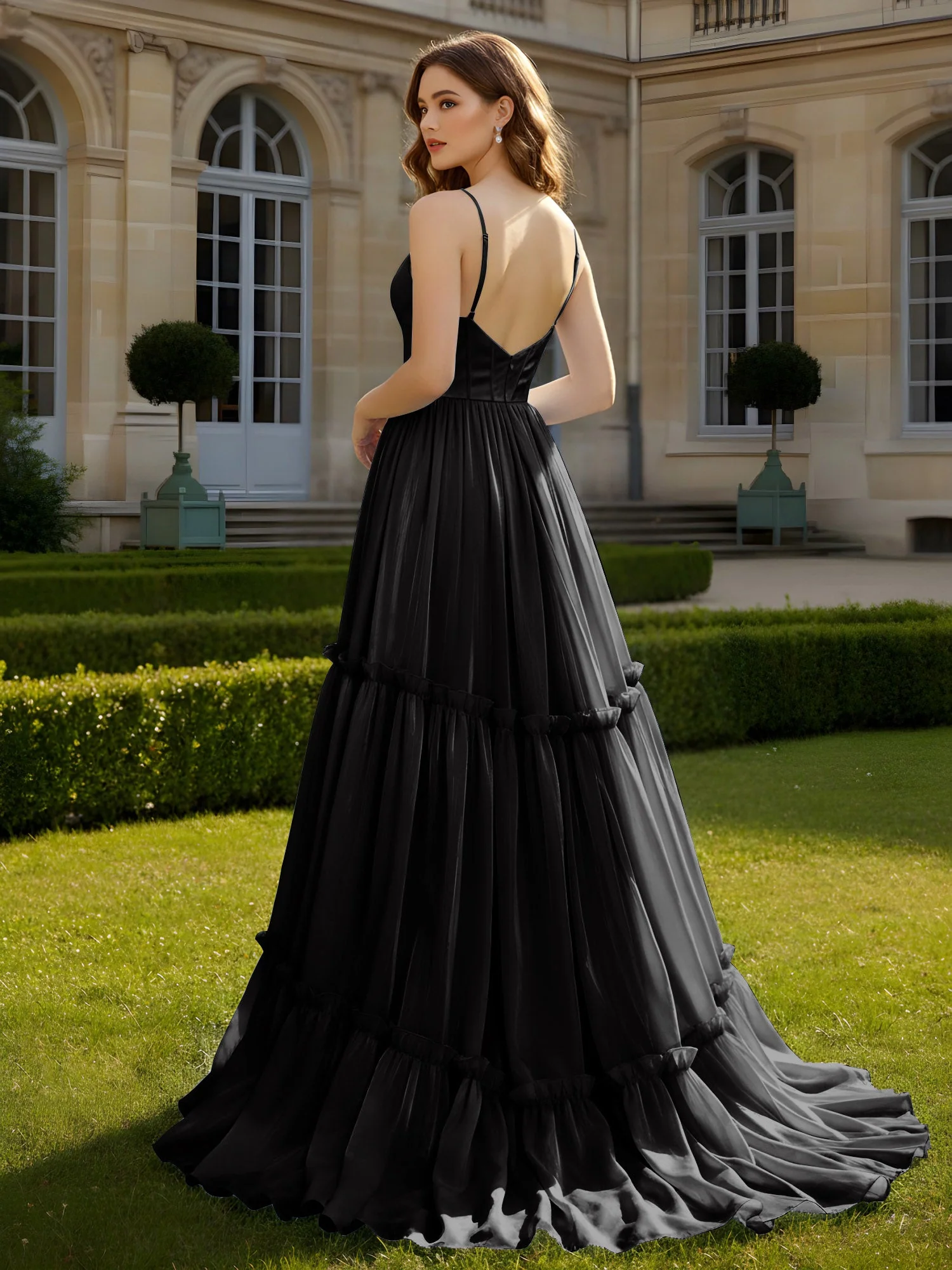 A-Linie Spaghettiträger V-Ausschnitt Stufen Kleid Schwarz - Image 2