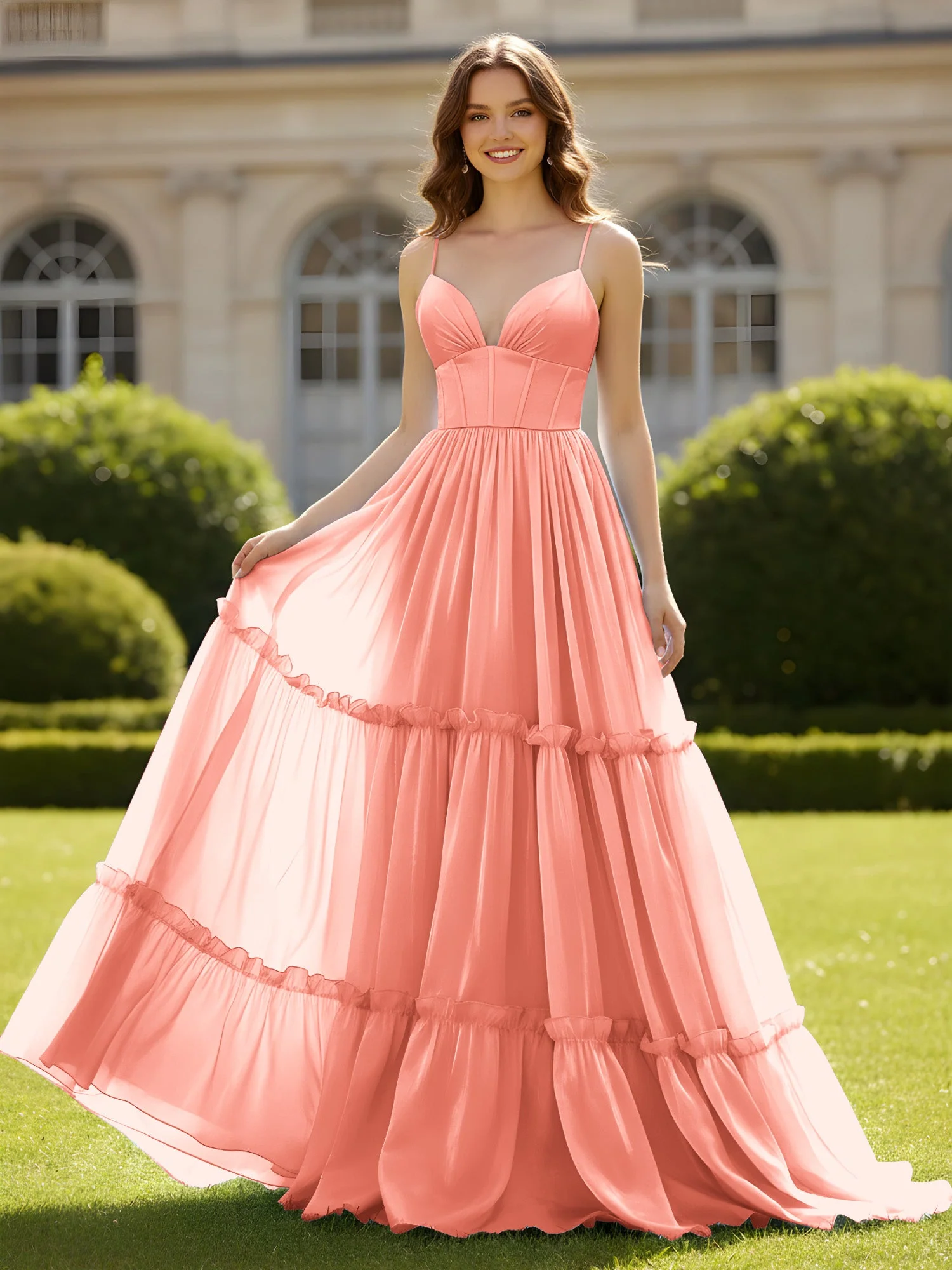 A-Linie Spaghettiträger V-Ausschnitt Stufen Kleid Sonnenuntergang