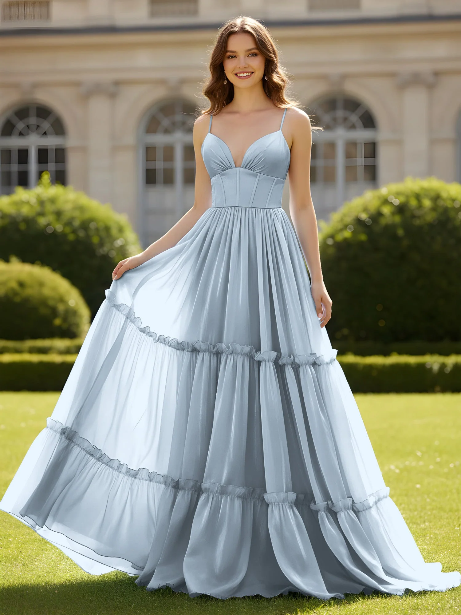 A-Linie Spaghettiträger V-Ausschnitt Stufen Kleid Staubiges Blau