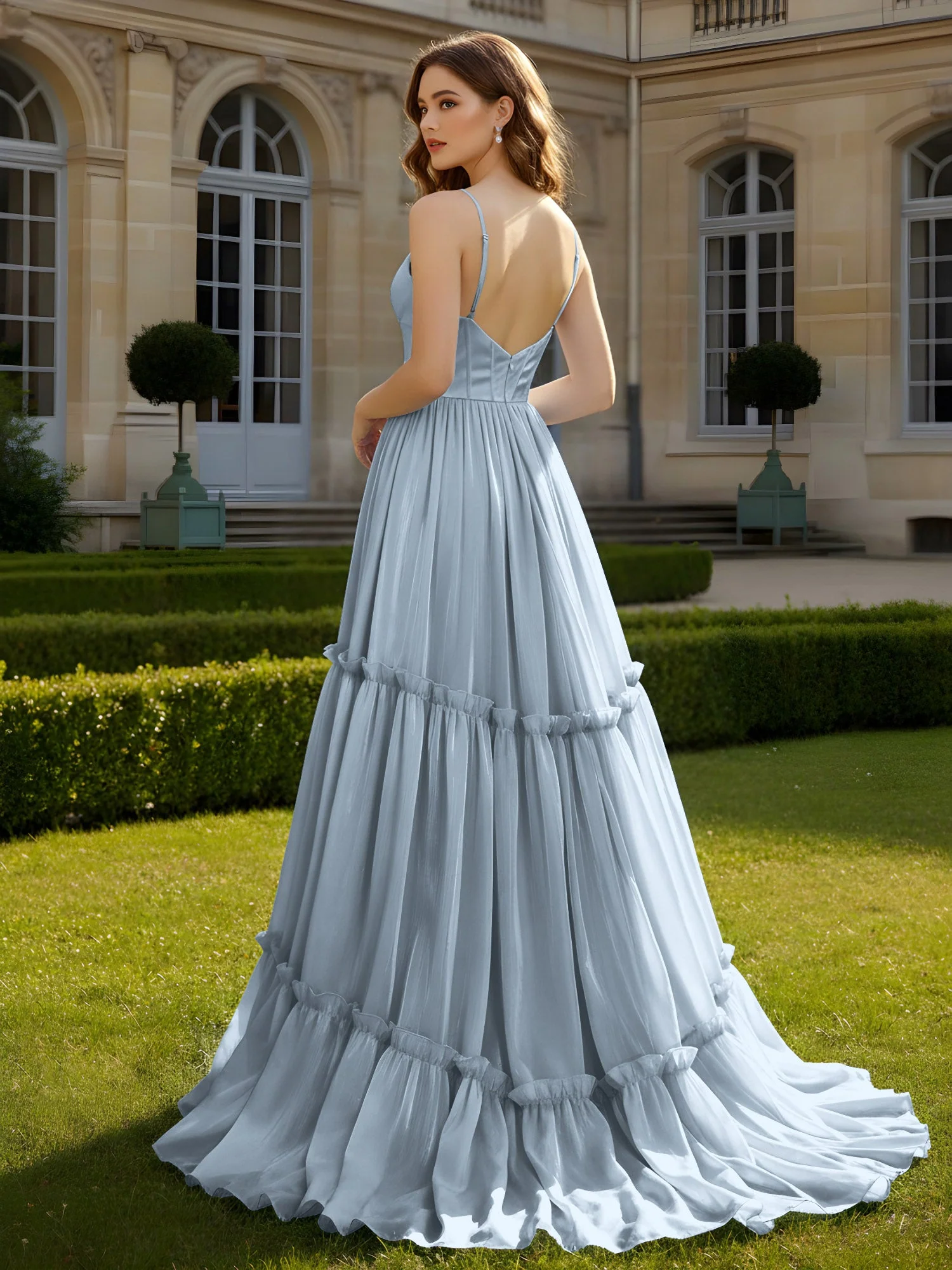 A-Linie Spaghettiträger V-Ausschnitt Stufen Kleid Staubiges Blau - Image 2