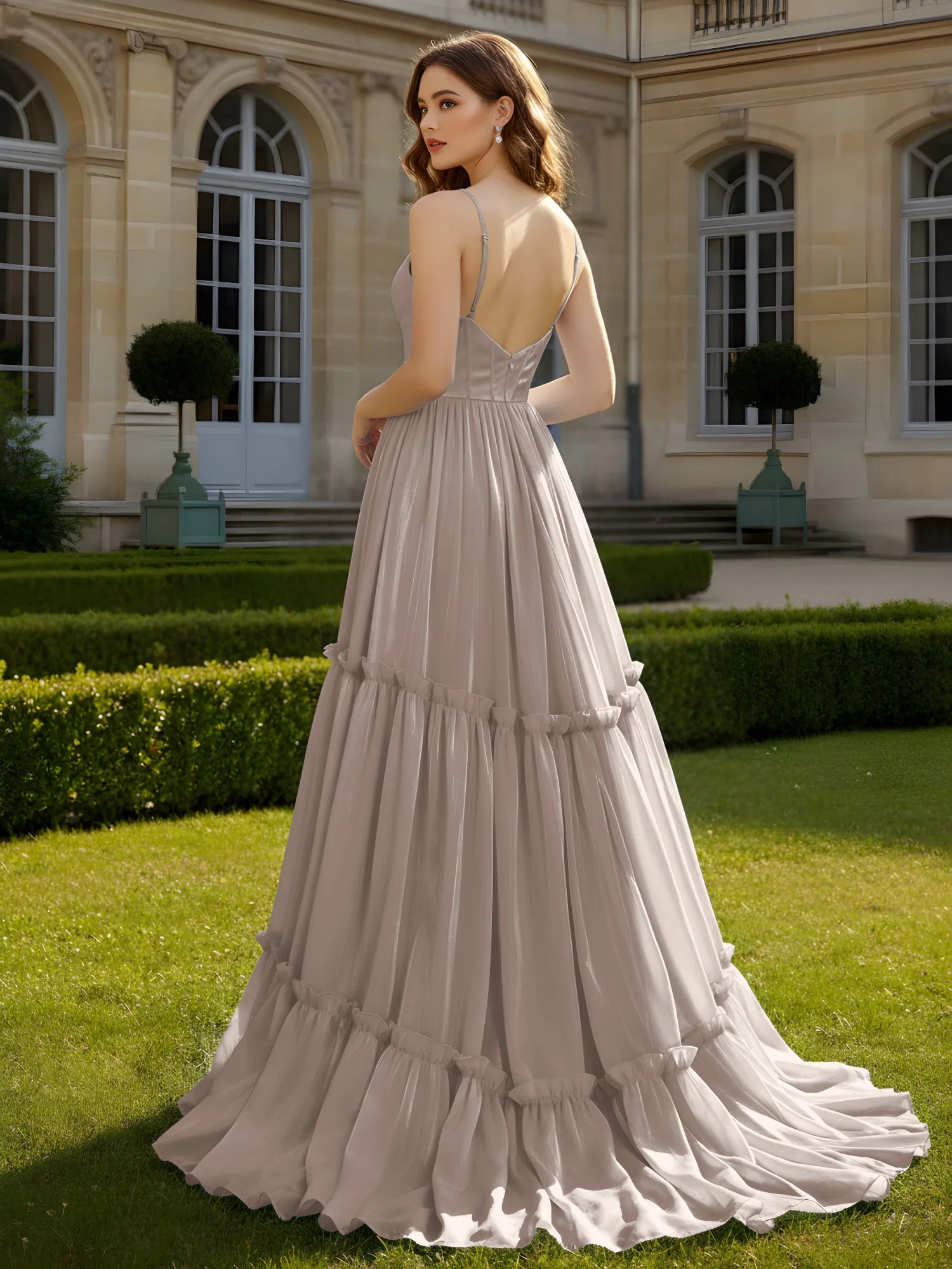 A-Linie Spaghettiträger V-Ausschnitt Stufen Kleid Taupe - Image 2