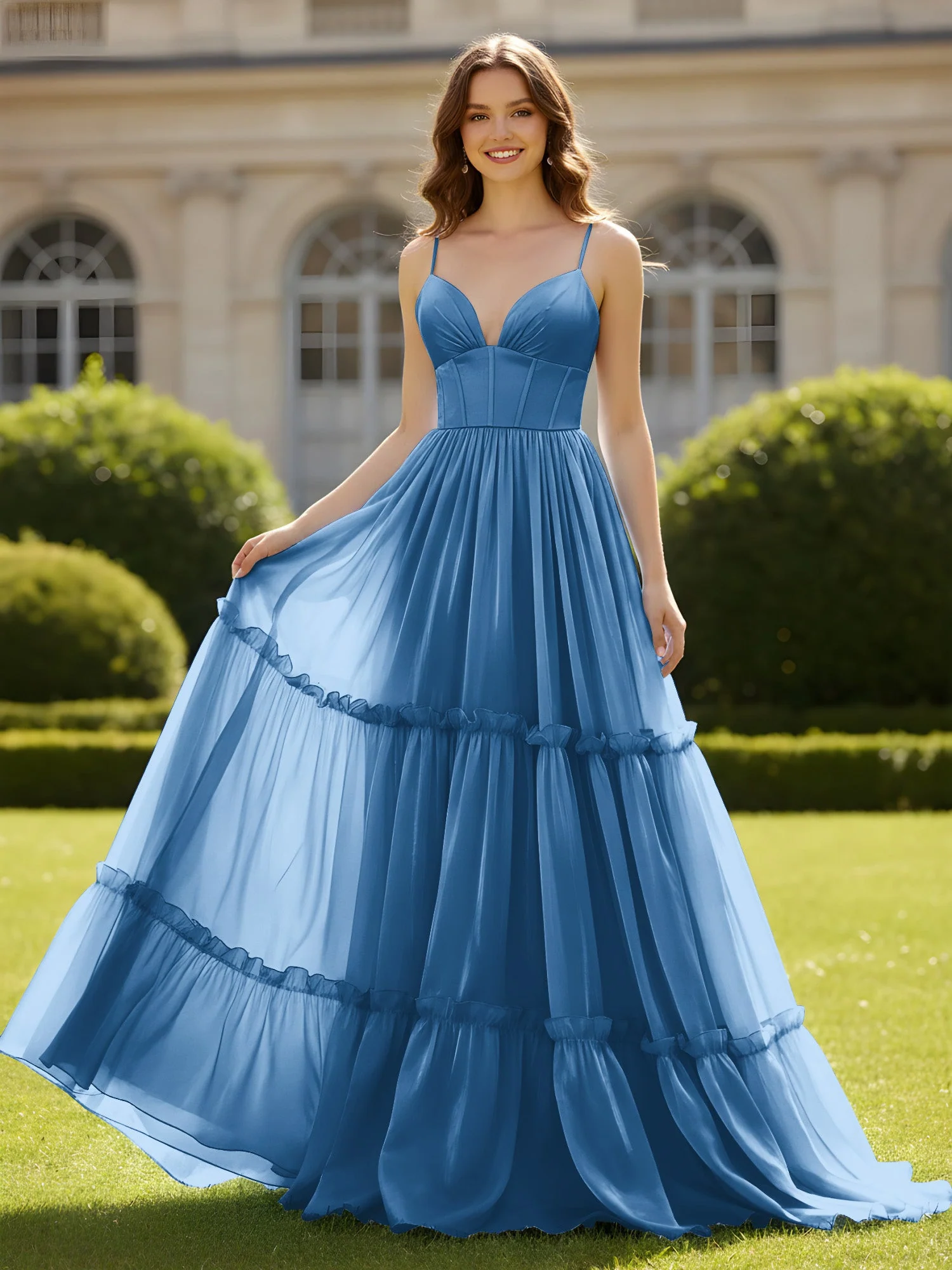 A-Linie Spaghettiträger V-Ausschnitt Stufen Kleid Tinte Blau