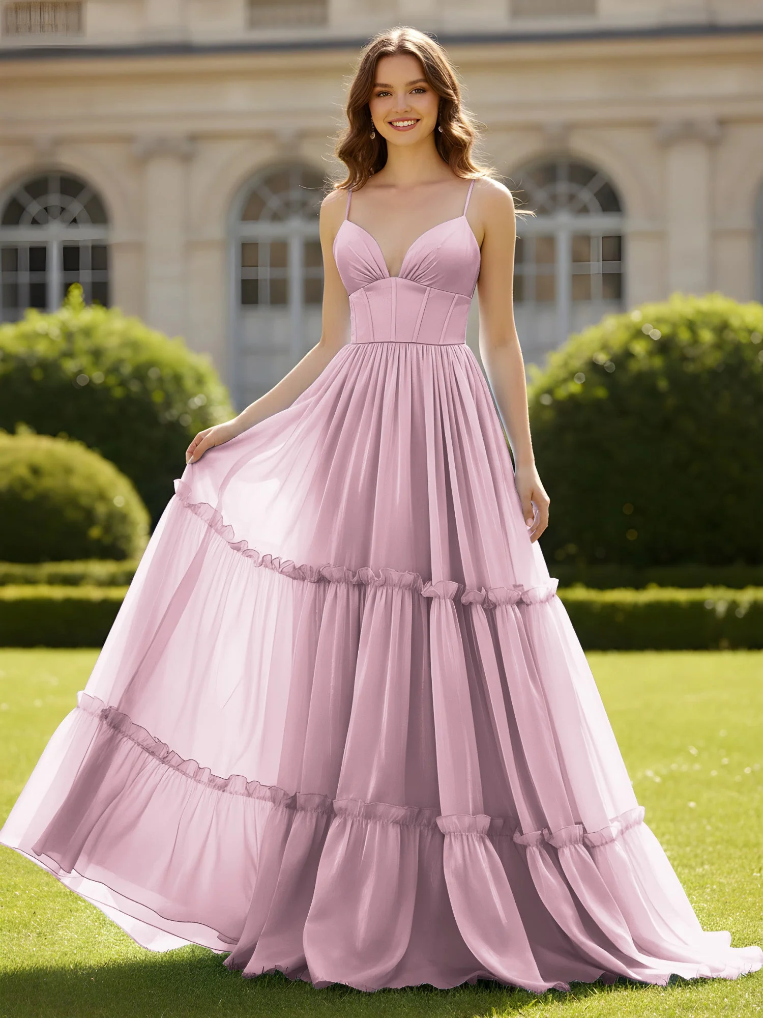A-Linie Spaghettiträger V-Ausschnitt Stufen Kleid Vintage Mauve