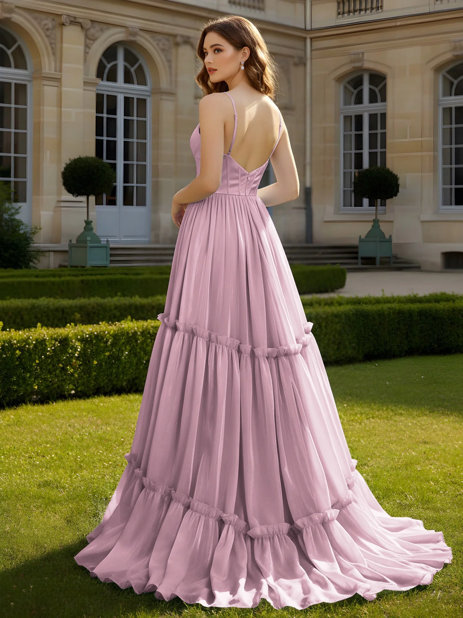 A-Linie Spaghettiträger V-Ausschnitt Stufen Kleid Vintage Mauve - Image 2