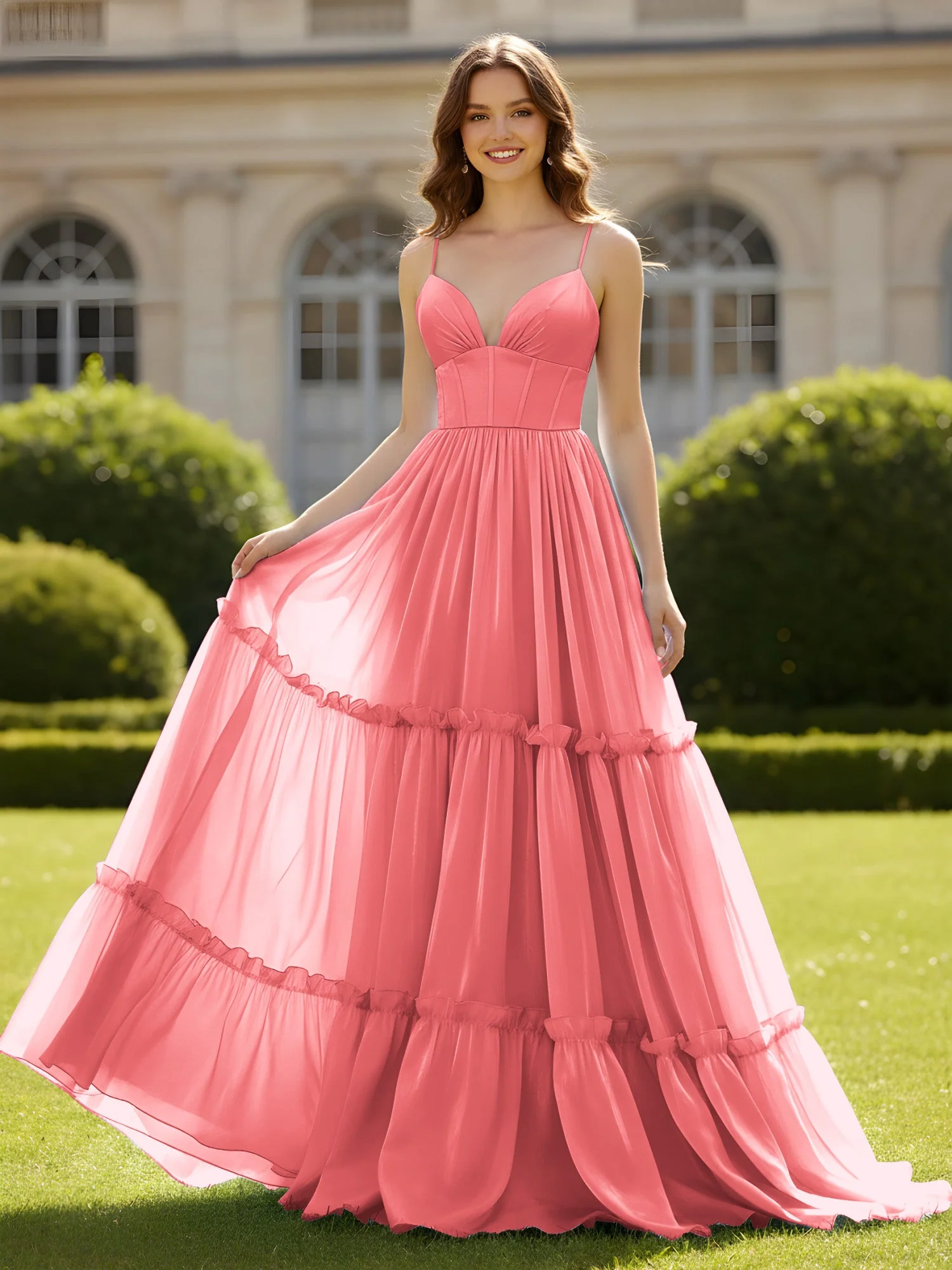 A-Linie Spaghettiträger V-Ausschnitt Stufen Kleid Wassermelone