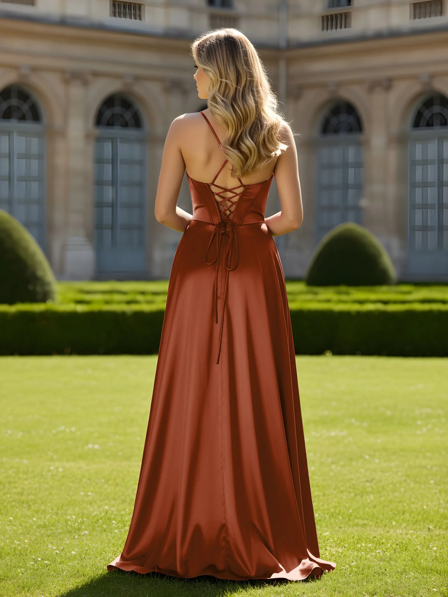 Cowl Ausschnitt Spaghettiträger A-Linie Kleid mit Schlitz Terrakotta - Image 2