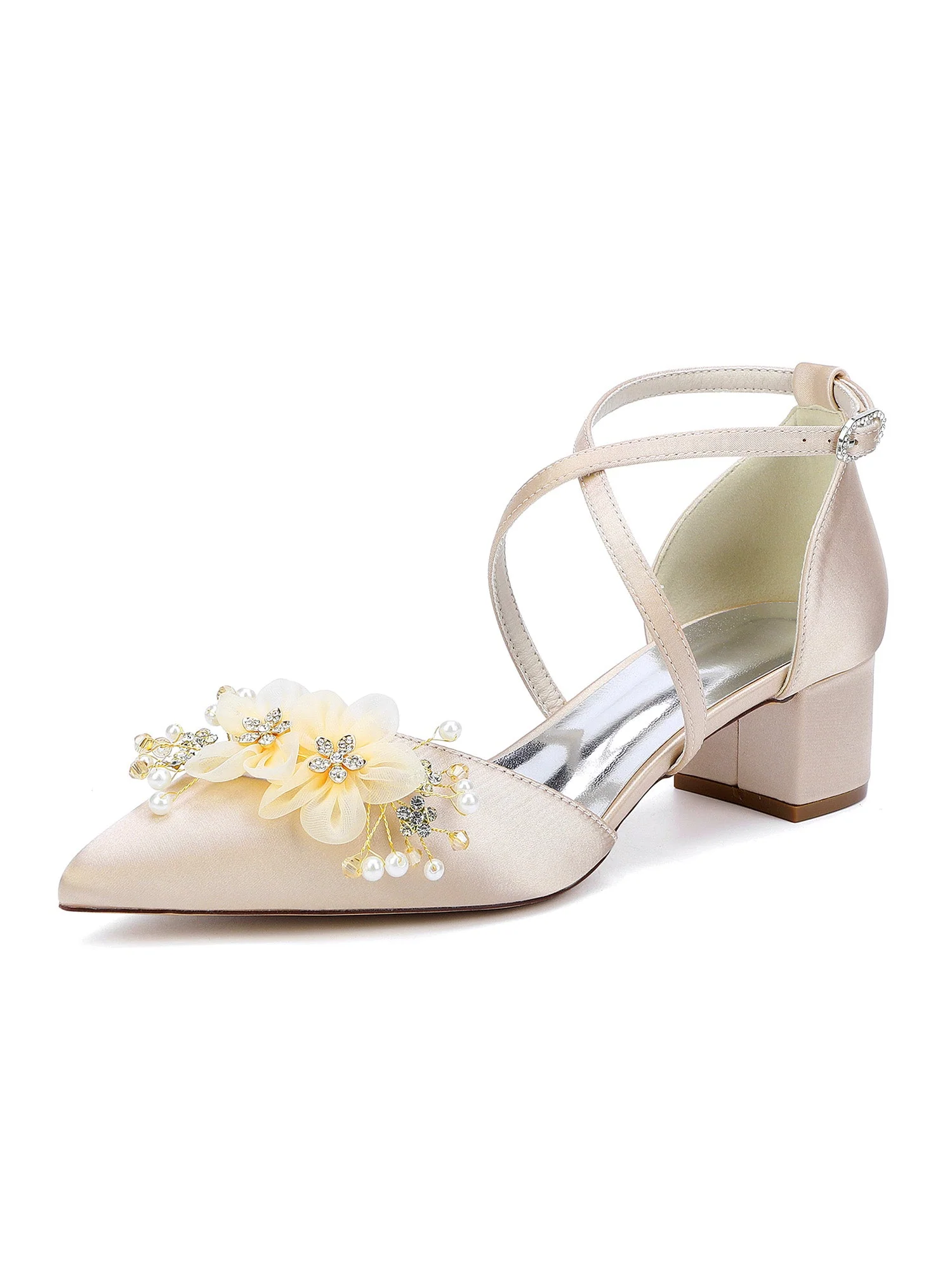Satin Blockabsatz Spitzenschuh Blumen High Heels - Image 8