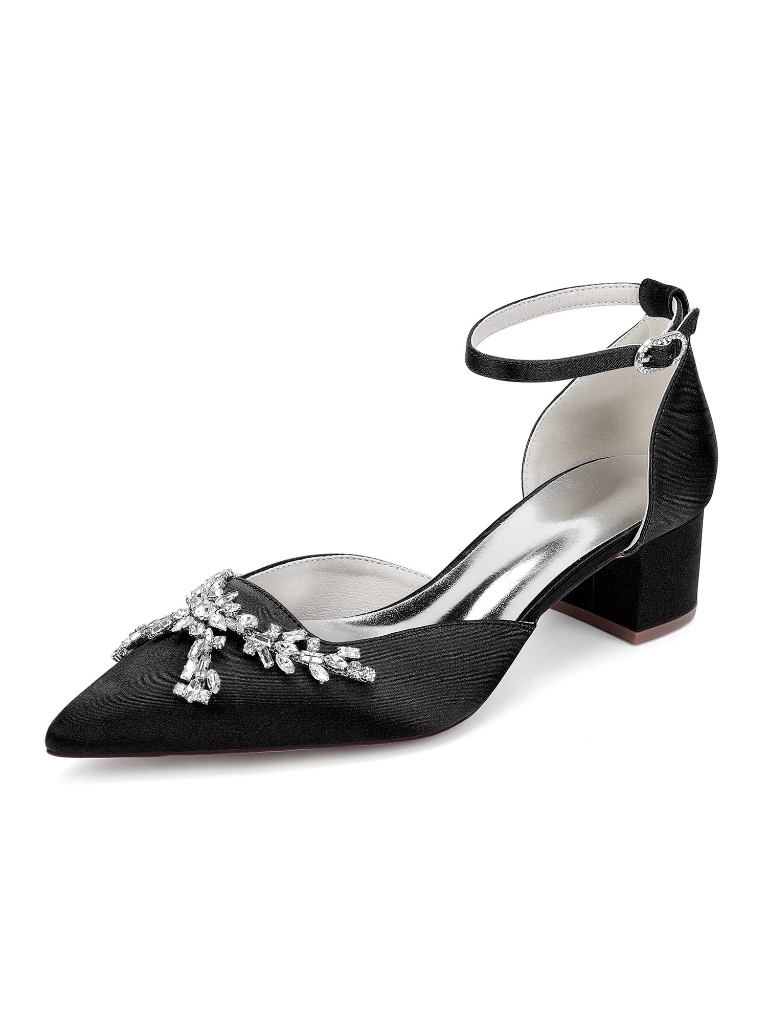 Satin Blockabsatz Spitzenschuh Pumps mit Strass - Image 7