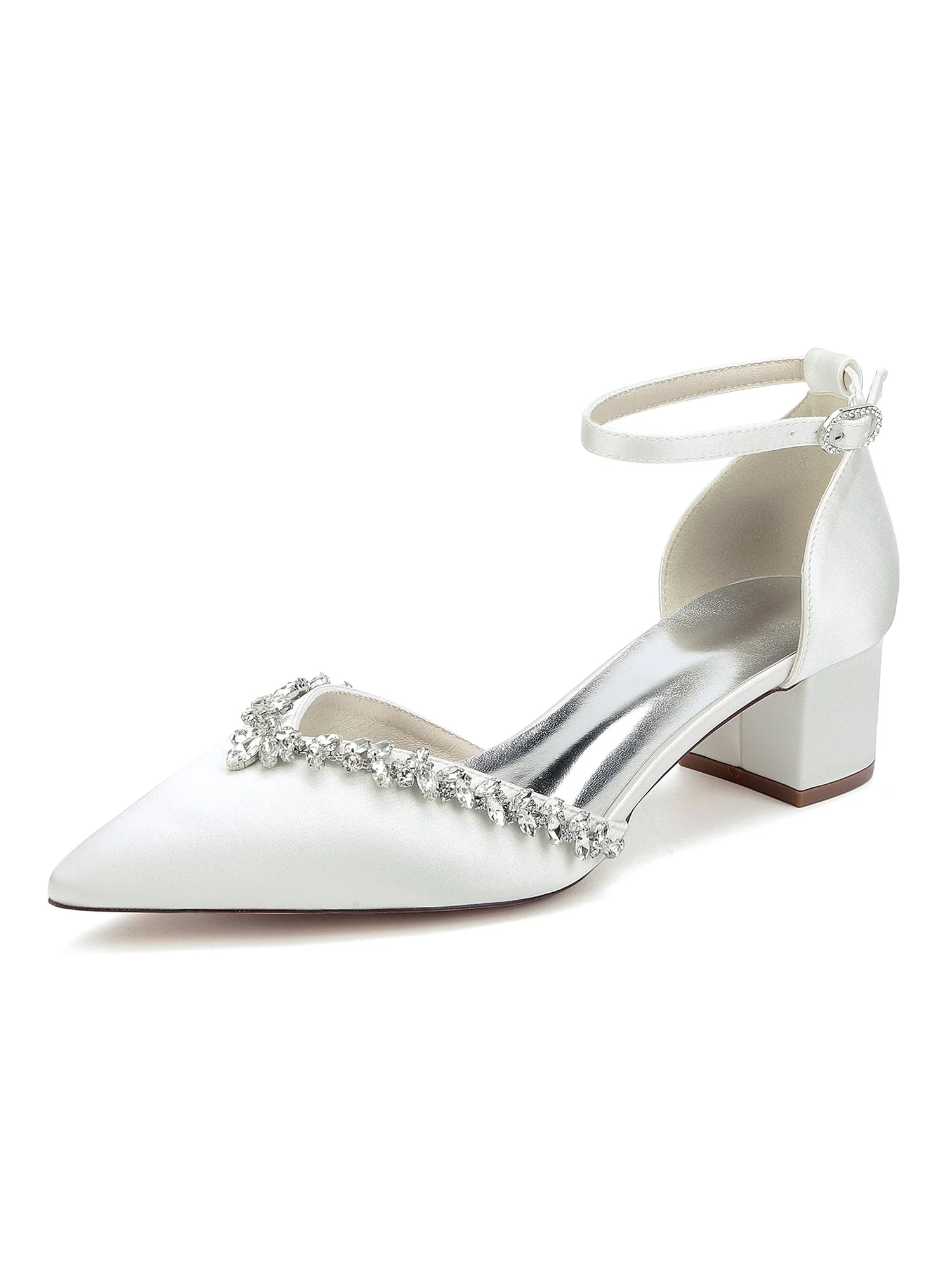 Satin Spitzenschuh Damen Dicker Absatz Pumps mit Strass - Image 11