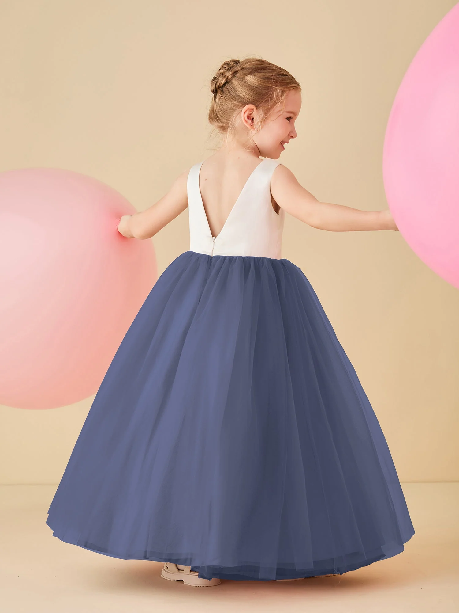 Satin-Tüll Blumenmädchenkleid mit V-Rücken in Bodenlänge Periwinkleblau - Image 2