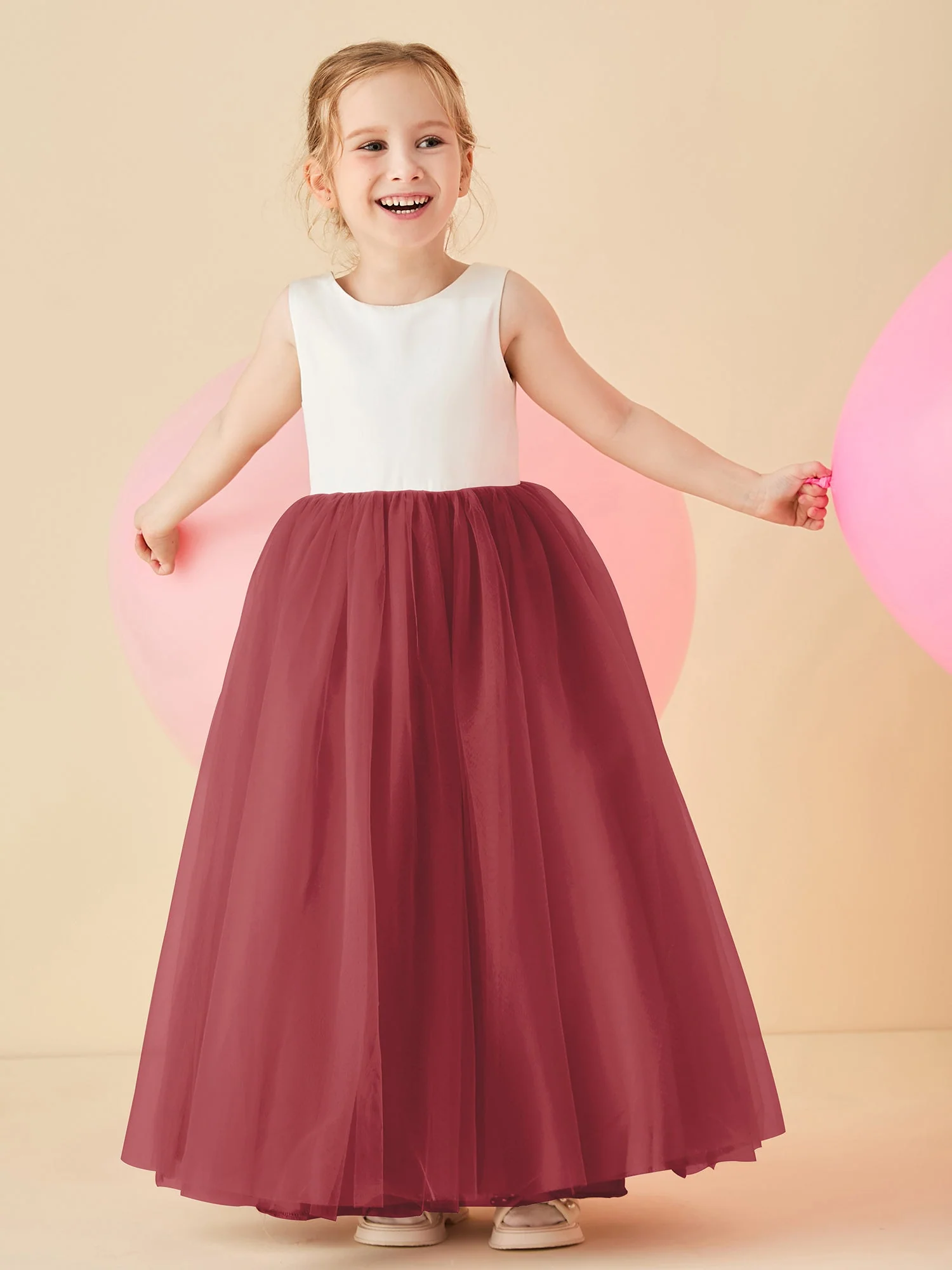 Satin-Tüll Blumenmädchenkleid mit V-Rücken in Bodenlänge Zimtrose