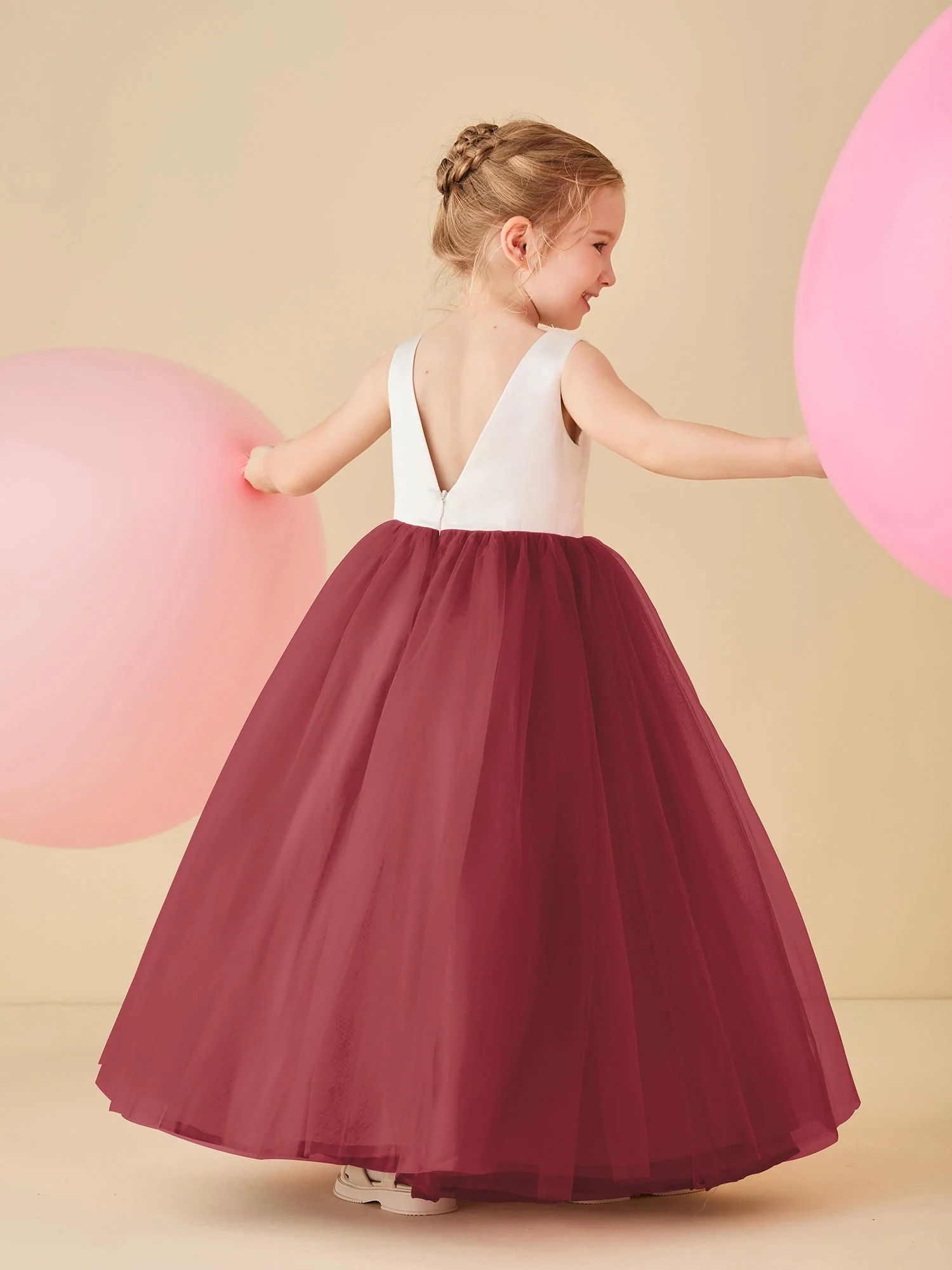 Satin-Tüll Blumenmädchenkleid mit V-Rücken in Bodenlänge Zimtrose - Image 2