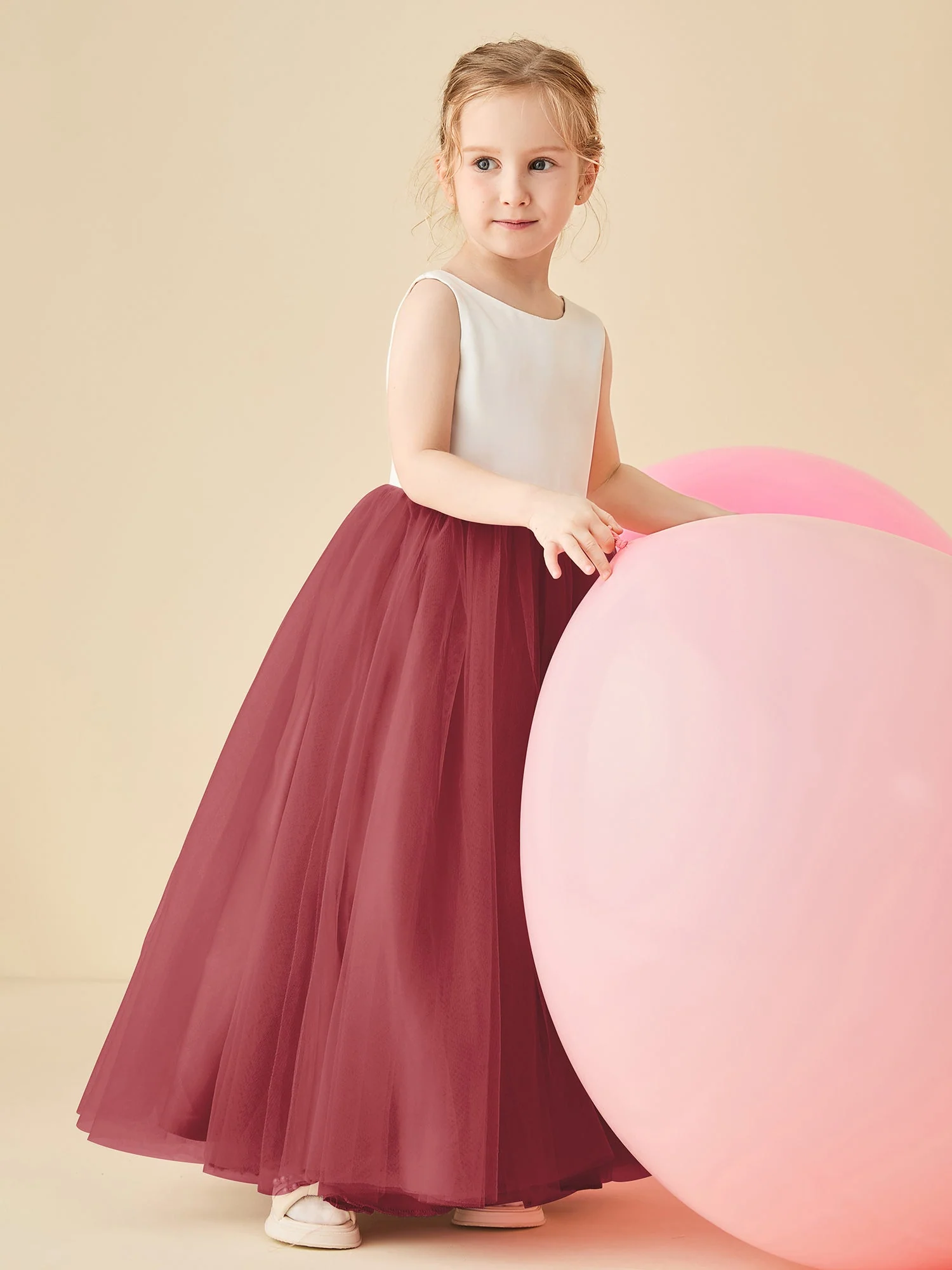 Satin-Tüll Blumenmädchenkleid mit V-Rücken in Bodenlänge Zimtrose - Image 3