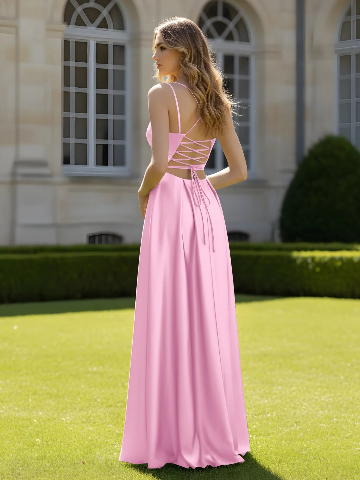 Plissee Herzform Ausschnitt A-Linie Kleid mit Schlitz Bonbonrosa - Image 2