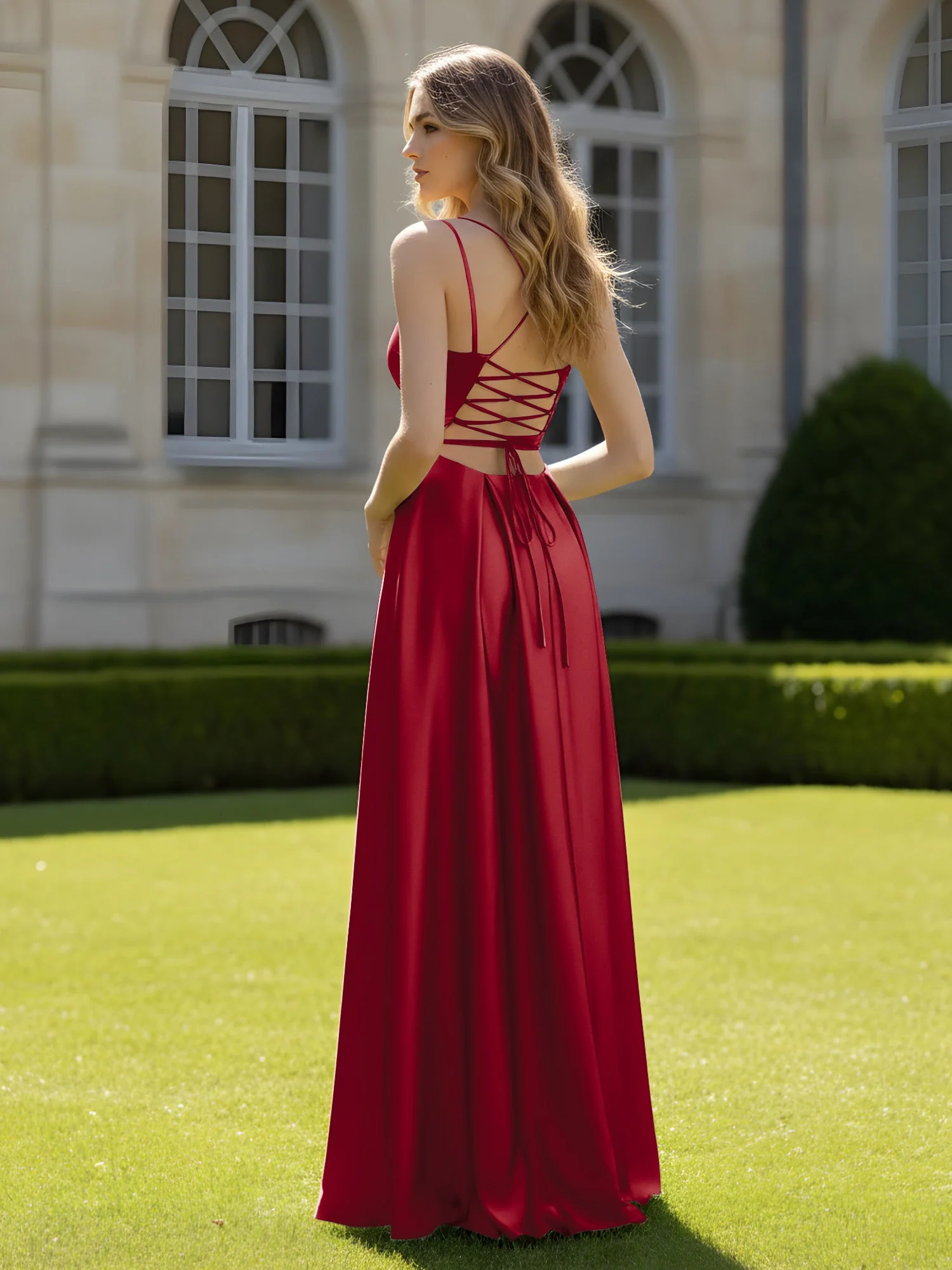 Plissee Herzform Ausschnitt A-Linie Kleid mit Schlitz Burgunderrot - Image 2