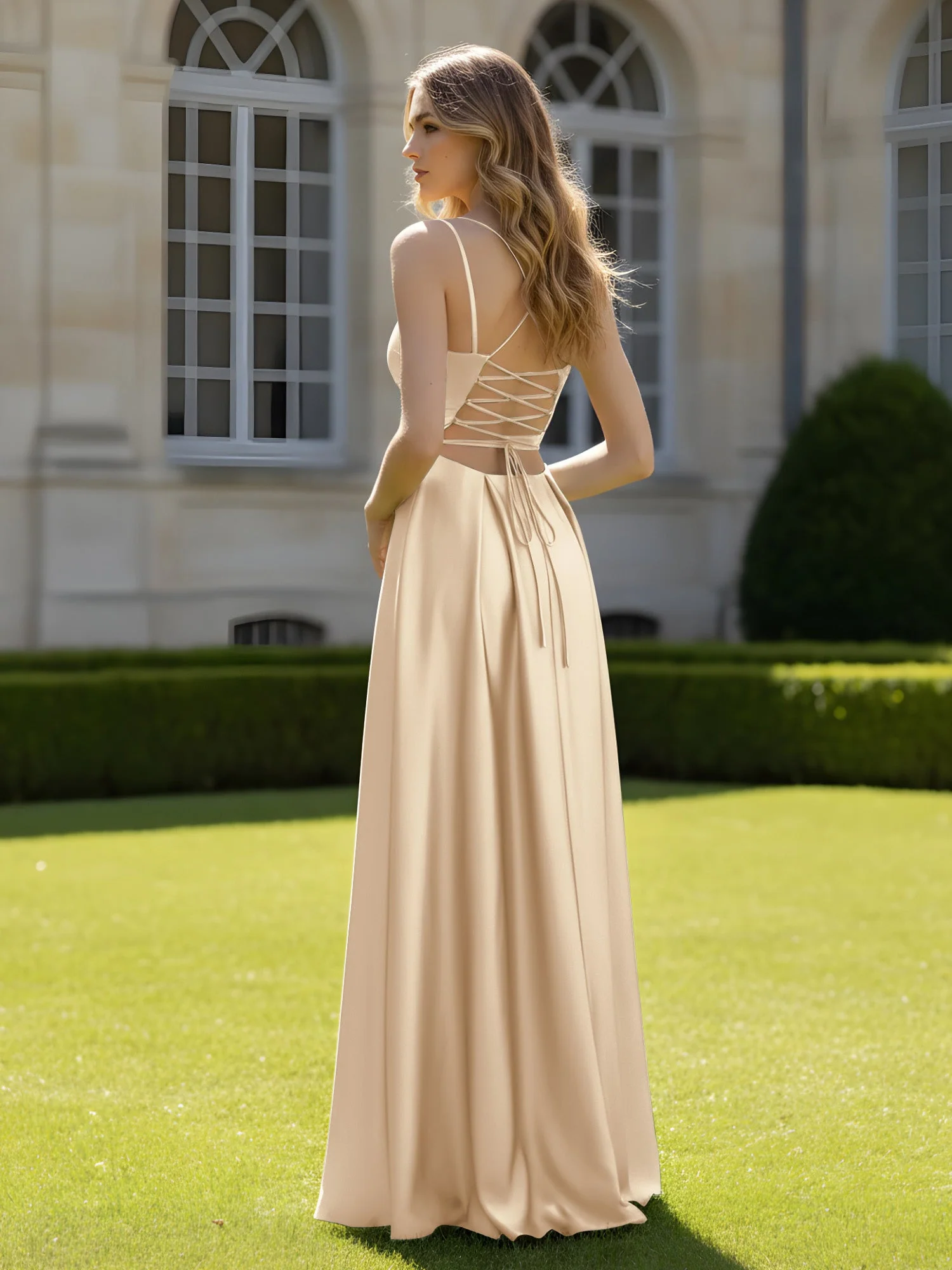 Plissee Herzform Ausschnitt A-Linie Kleid mit Schlitz Champagner - Image 2
